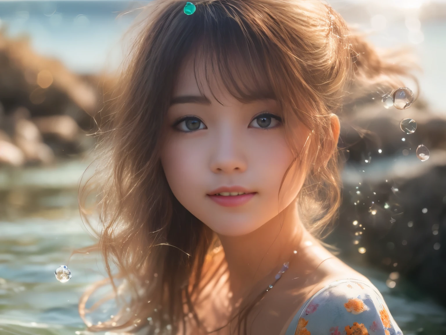 Cornflower Art、dream-like
( Girl with beautiful eyes。The depth of field in the photo is perfect、Lens flares add a nice accent。The fine details on her face really stand out.、、、、、、、、This photo is definitely a 10+。background、There was a beautiful sea with crystal clear water and floating water droplets..。A wonderful photo that perfectly captures the beauty of the girl and the water.. Esbian all over Standing posture smile looking at the camera backgroundがぼやけている Shooting from bottom up Orange sunset Coastal Beachside Put your hands behind your back smile
