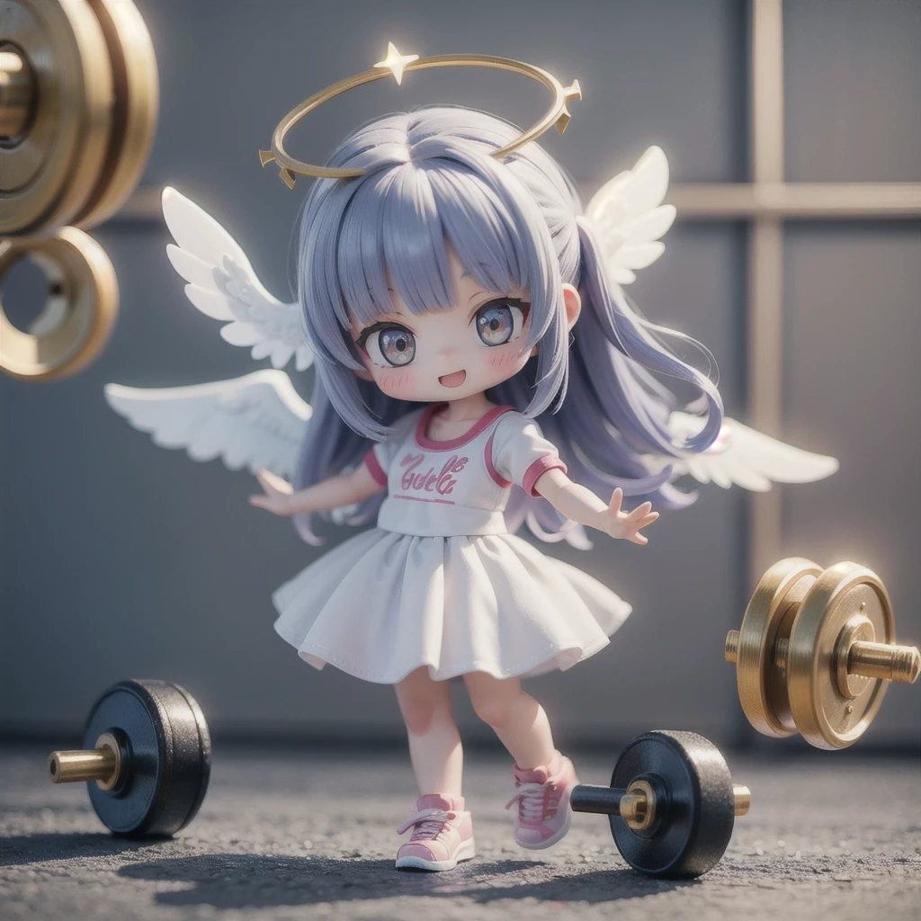 (photorealistic),angel girls,((girls with angel's wing,angel halo floats on her head),various hairstyles and haircolors,(nendoroid figure), miniatures,illustration,very happy smile,mouth open,angels training at the gym,whole body,dynamic pose,dumbbell,Training Machine,Fitness wear,three-dimensional,3D renderingPerfect face,Collagen texture,