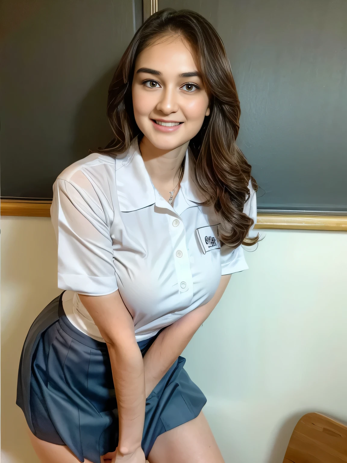 Beautiful, cute baby Face, 18 Years old Luna Maya, cute face,super detailed face,detailed hand,beautiful skin,oily skin,big eyes,profeccional lighting,brown beautiful eyes, big smile,standing, (skirt lift:1.2),big breasts, (sailor suit),(checked skirt), panty drop , black high socks, spread legs, she is looking at the camera,classroom,