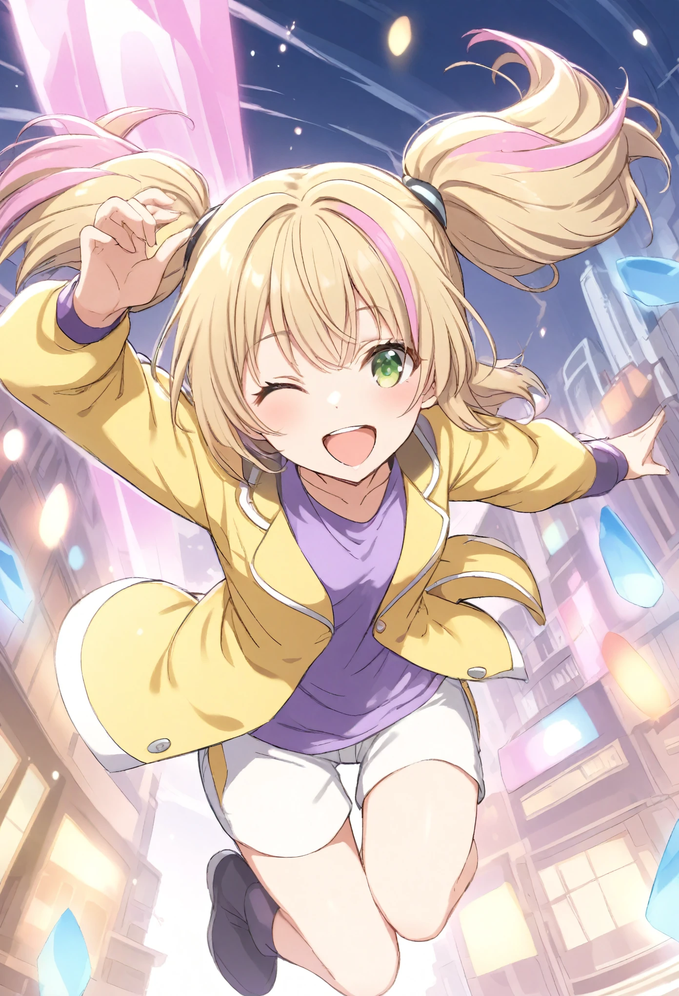 twin tail,medium hair,blonde hair, ((highlights hair,pink streaked hair)),jump,((close eye,Smile)),white short pants,purple shirts,yellow jacket,(crystal light),green eye,Urban area,