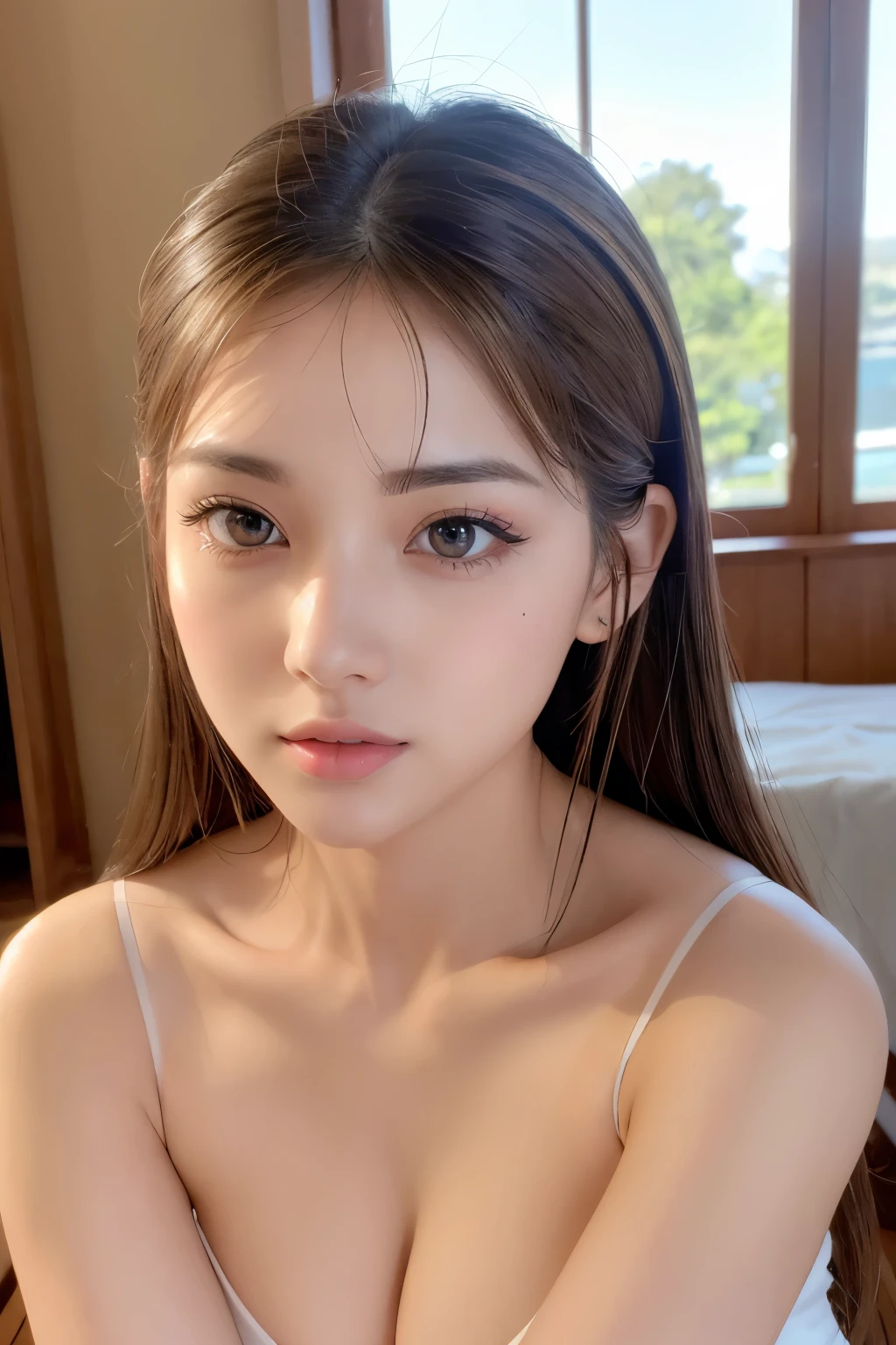Very detailed、masterpiece、highest quality、Ultra-high resolution energy A、8K High Resolution、Transparency that looks great in photos、Detailed eyes、Gradation、Perfect anatomical figure , Nikon Z9 80mm Lens, Beautiful posture、yes、Browsing Caution、Thin eyebrows、Detailed eyes、Detailed nose、Mouth Details、Fine ears、Golden ratio face、(Waiting for a kiss)、(Curvaceous)、(Ideal ratio)、High definition eyes and feet、Long neck、eyelash、(((Natural soft light、Eye highlights)))、(Realistic:1.4), Shadow、(Best image quality:1.0), (超A high resolution:1.0), 8k, RAW Photos, (masterpiece:0.2), Curvaceous、(Seductive pose:1.5)、When the light hits your face, that'that'that'that'that'It's getting brighter、Geometric background:1.3、dark、avert your eyes、break (Loose, Sheer white camisole:1.4)、highest quality、Very detailed、High quality details、(Big Breasts:1.8)、break (plump lower lip:1.4)、break (Pink Lips:1.5)、(Black Hair、Blunt bangs, Long Hair, , The forehead is hidden by the bangs:1.4)、