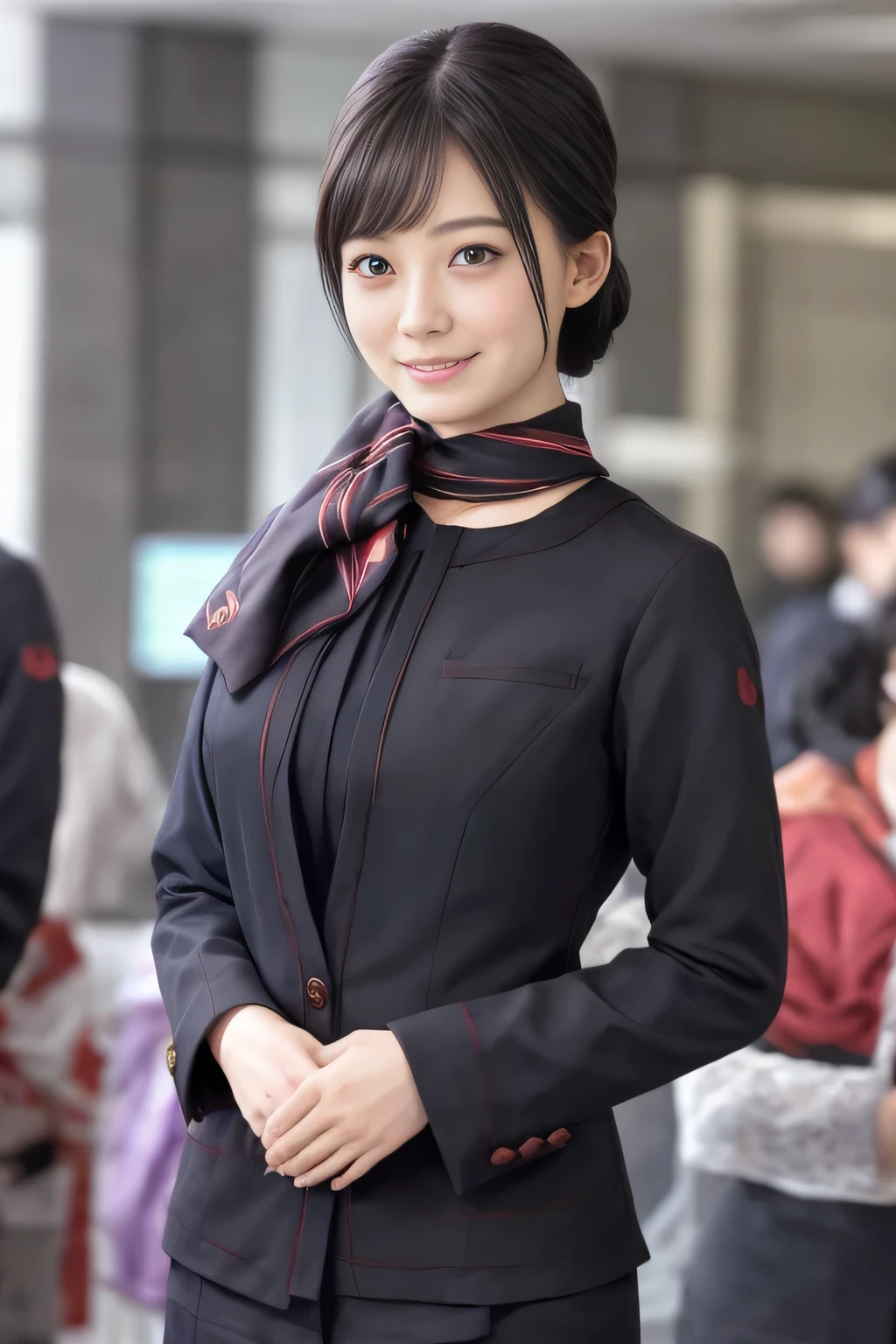 (masterpiece:1.2、highest quality:1.2)、32K HDR、High resolution、(alone、1 girl、Slim figure)、（A realistic style wearing the JAL cabincrew uniform）、 (At the airport counter, Professional Lighting)、A proper woman, Beautiful Face,、（Black JAL cabincrew uniform）、（Long sleeve JAL cabin crew uniform）、（Scarf around the neck）、Big Breasts、（Long hair updo、Chignon）、Dark brown hair、Long Shot、（（Fine hand：2.0））、（（Harmonious body proportions：1.5））、（（Normal limbs：2.0））、（（Normal finger：2.0））、（（Delicate eyes：2.0））、（（Normal eyes：2.0））)、Beautiful standing posture、smile