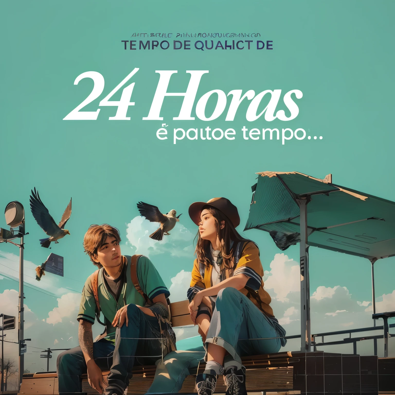 there are two people sitting on a bench with a bird flying above, a24, by João Artur da Silva, by Inacio Zuloaga, Chillhop, by Antônio Parreiras, by Enrique Tábara, por Pedro Pedraja, por Hirosada II, album art cover, 2 4 mp, 24mp