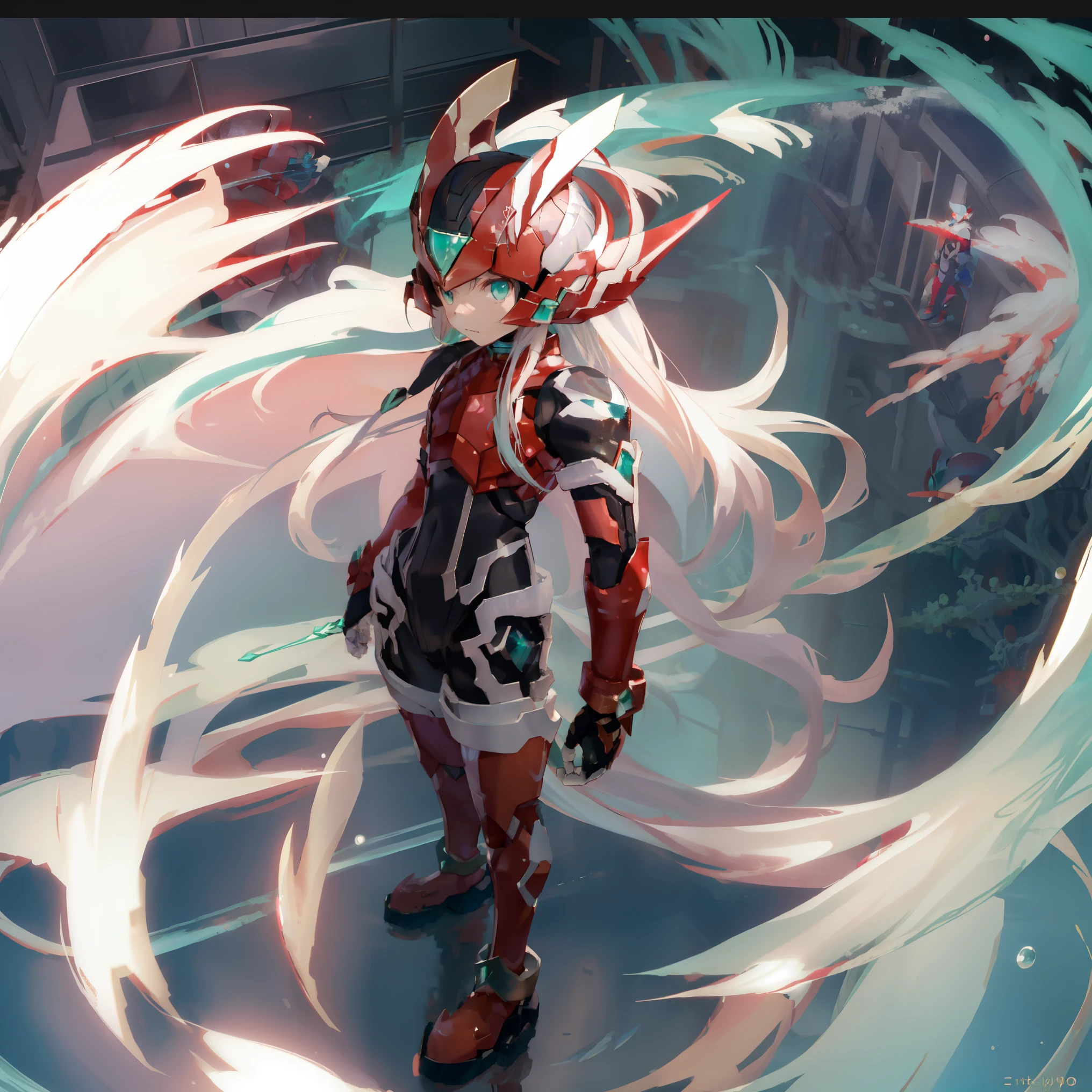 megzeromyth2023, 1boy, long white hair, red armor, green energy sword, high quality, masterpiece, standing in an underwater city with lots of bubbles, in the style of yuumei, intricate architectures, indigo, miniature illumination, daniel f. gerhartz