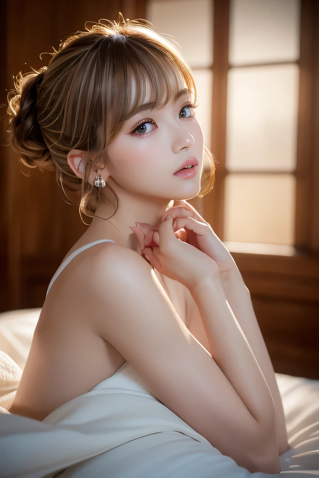 Very detailed、masterpiece、highest quality、Ultra-high resolution energy A、8K High Resolution、Transparency that looks great in photos、Detailed eyes、Gradation、Perfect anatomical figure , Nikon Z9 80mm Lens, Beautiful posture、yes、Browsing Caution、Thin eyebrows、Detailed eyes、Detailed nose、Mouth Details、Fine ears、Golden ratio face、(Waiting for a kiss)、(Curvaceous)、(Ideal ratio)、High definition eyes and feet、Long neck、eyelash、(((Natural soft light、Eye highlights)))、(Realistic:1.4), Shadow、(Best image quality:1.0), (超A high resolution:1.0), 8k, RAW Photos, (masterpiece:0.2), Curvaceous、(Seductive pose:1.5)、When the light hits your face, that'that'that'that'that'It's getting brighter、Geometric background:1.3、dark、avert your eyes、break (Loose, Sheer white camisole:1.4)、highest quality、Very detailed、High quality details、(Big Breasts:1.8)、break (plump lower lip:1.4)、break (Pink Lips:1.5)、(Black Hair、Blunt bangs, Long Hair, , The forehead is hidden by the bangs:1.4)、