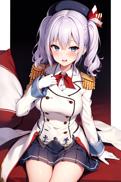 (masterpiece, best quality:1.2),giggle,A hand touched his chest,illustration,8K,HD,1 girl,solitary,portrait,blush,white hair,blue eyes,curls,Double tail,Berets,Epaulettes,Ruffled sleeves,Jacket,Large Breasts,Long sleeve,,mini skirt,Pleated Skirt,Red tie,White gloves,anchor,Solid color background