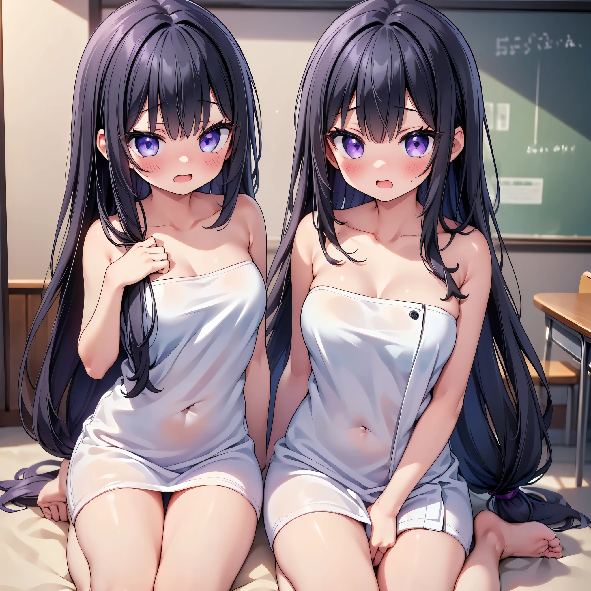 (cute eyes:1.2), (sparkling eyes:1.2), (8K、Best image quality、highest quality、masterpiece)、Detailed face、(2 girls)、Improve、(Black Hair, Purple Eyes, long hair)、(open mouth), (embarrassed), (skinny body:1.1),(midium breasts), (Naked Towel:1.3), (wariza:1.4), Classroom Background, (Waistline:1.1)