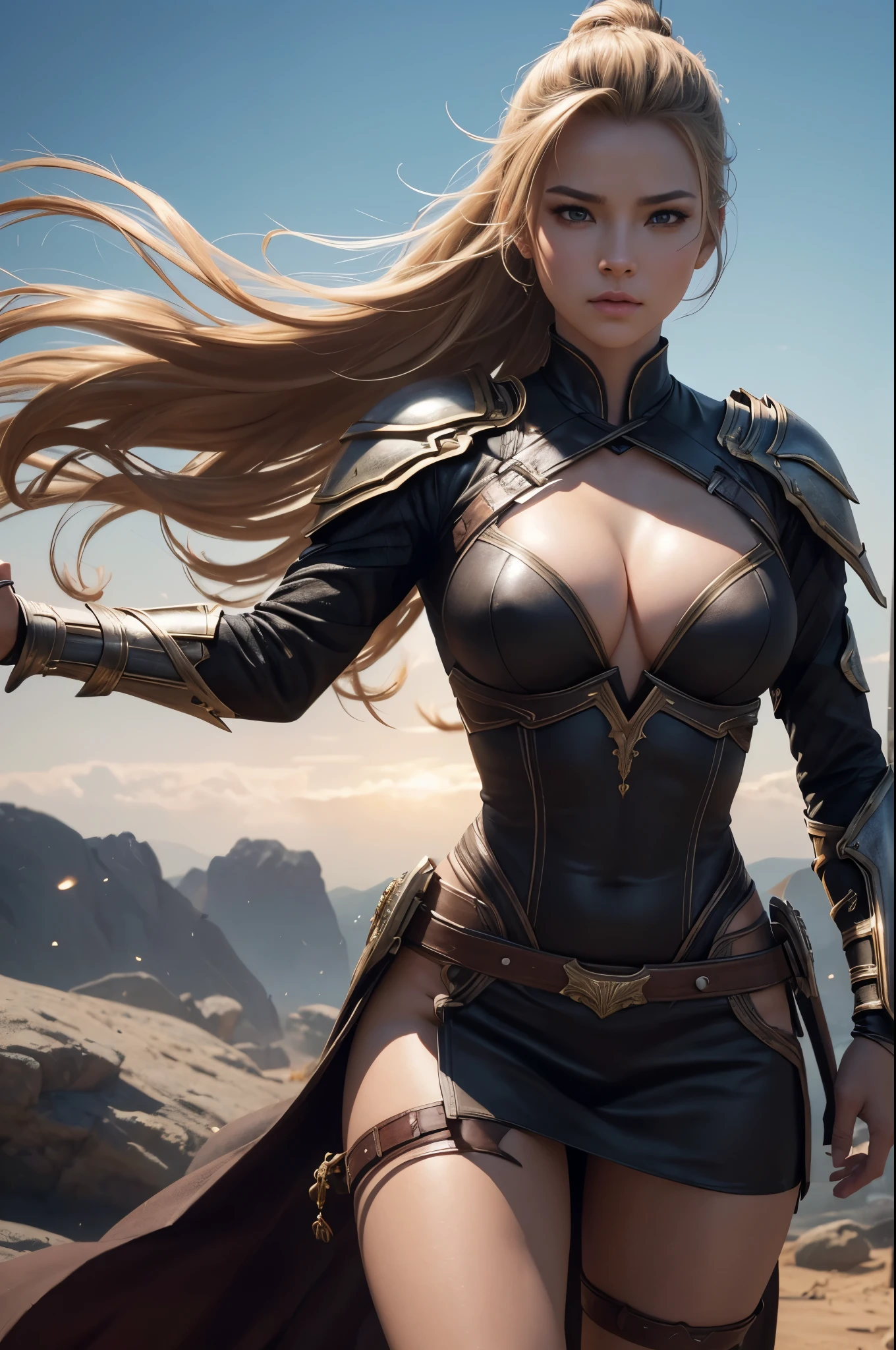 8K,2A depiction of female warriors fighting,Brown-haired beauty(Realistic Skin),Super beauty with blonde mohawk hair(Realistic Skin),Fighting with swords,Perfect Anatomy,charm,Volume measurement,Body balance,Digital single-lens reflex camera, Soft lighting, Detailed Background, Written boundary depth, Volumetric lighting, Sharp focus, Absurd, Realistic proportions, Excellent anatomy, (Realistic, 超Realistic:1.4), 16K HDR, dawn,A High Resolution,super Realistic 肌,Super beautiful expression,Fantasy art,Character Art,Wind effects:1.9、Cloud Effect:1.2、Full Rendering、Professional quality high resolution、Perfect contrast、Perfect lighting、Perfect composition、Perfect Skin、Perfect Fingers、Perfect breasts、Perfect Hair、Perfect Face、Realistic facial features,super highest quality,Slim figure,Perfect body line,Perfect hand shape,Anatomical body balance,Highly detailed face,Highly detailed eyes,Beautiful Lips,Excellent light particles,Cinema Lighting,Makeup,Ultra-high resolution,Ultra-Realistic Skin,Accentuate your cleavage,Demon Slayer Costume,Fierce battle scenes,