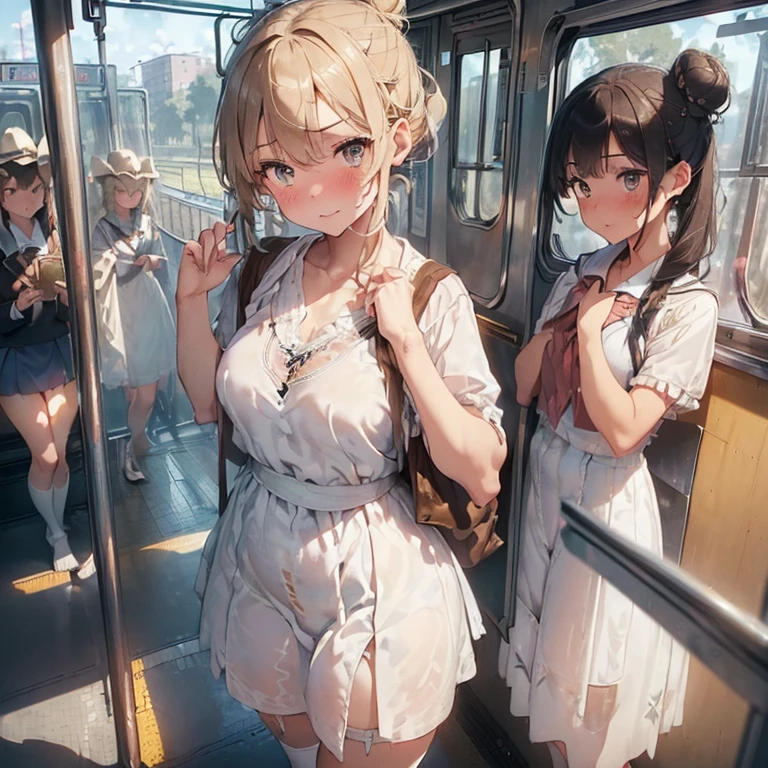 masterpiece, 最high quality, high quality, Super detailed, Very detailed, Ultra-high resolution, Best aesthetics, 8k),
(Beautifully detailed five-fingered: 1.2),
(Highly detailed face),
((Two Girls: 1.5)), (Lesbian),
(Standing in the train: 1.3),
(Deep Kiss: 1.3),
(1 girl and 1 girl, Grab your chest, Grab from behind: 1.4),
from the front: 1.2,
break,
((I'm 11 years old)), (Two legs),
Lips parted, (nose blush), Pink Crack, ((Drunk)),
Sweat, blush, Open your mouth, ((barefoot)),
(Half closed eyes: 0.6), (tears: 0.8),
((To do, smoldering)), (Heavy breathing),
(Flat Chest: 1.4),
((Hair Bun: 1.2)),
break,
((school uniform, White long dress): 1.3),
(Cute, see-through frilly panties),
(White school knee-high socks),
(Camel Toe),
((avert your eyes)), (Cowboy Shot: 1.5),
Outdoor, afternoon,
((in the train)), (cloudy),