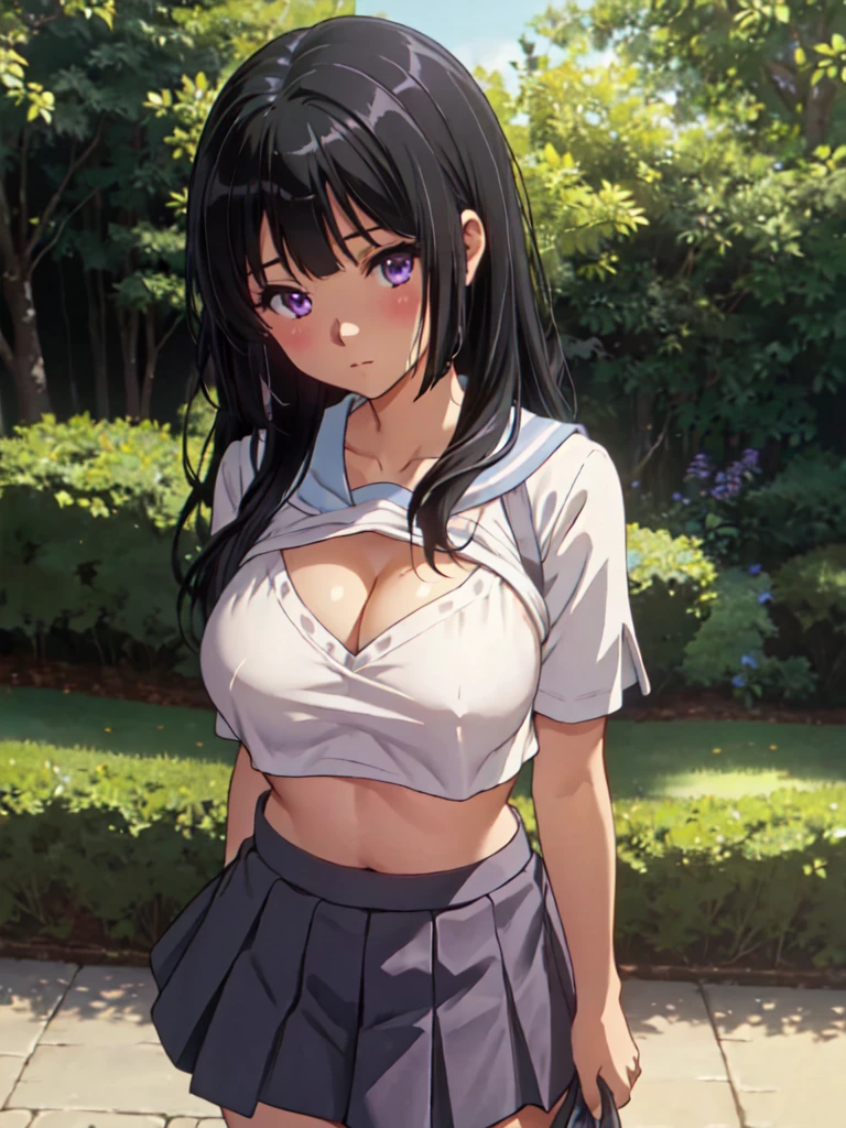 masterpiece, best quality, ultra detailed, highres, extremely detailed CG unity 8k wallpaper, perfect lighting, very detailed background, Outdoor、beautiful and aesthetic,sharp focus, perfect face, Perfect hands、Perfect Fingers、Perfect toes、Five fingers、
look down、Upper Body、Fair skin、Blushing、Blunt bangs、(Hide your arms behind your body:1.2)、(twinkle(in the eyes):1.2)、(Pull up your skirt:1.5)、Staring at the audience、black_hair, long_hair, purple_eyes, blush, bangs, closed_mouth, serafuku, blurry、kousaka reina、(Large Breasts:1.5)、(Underboob)、(midriff peek)、(Cleavage)
