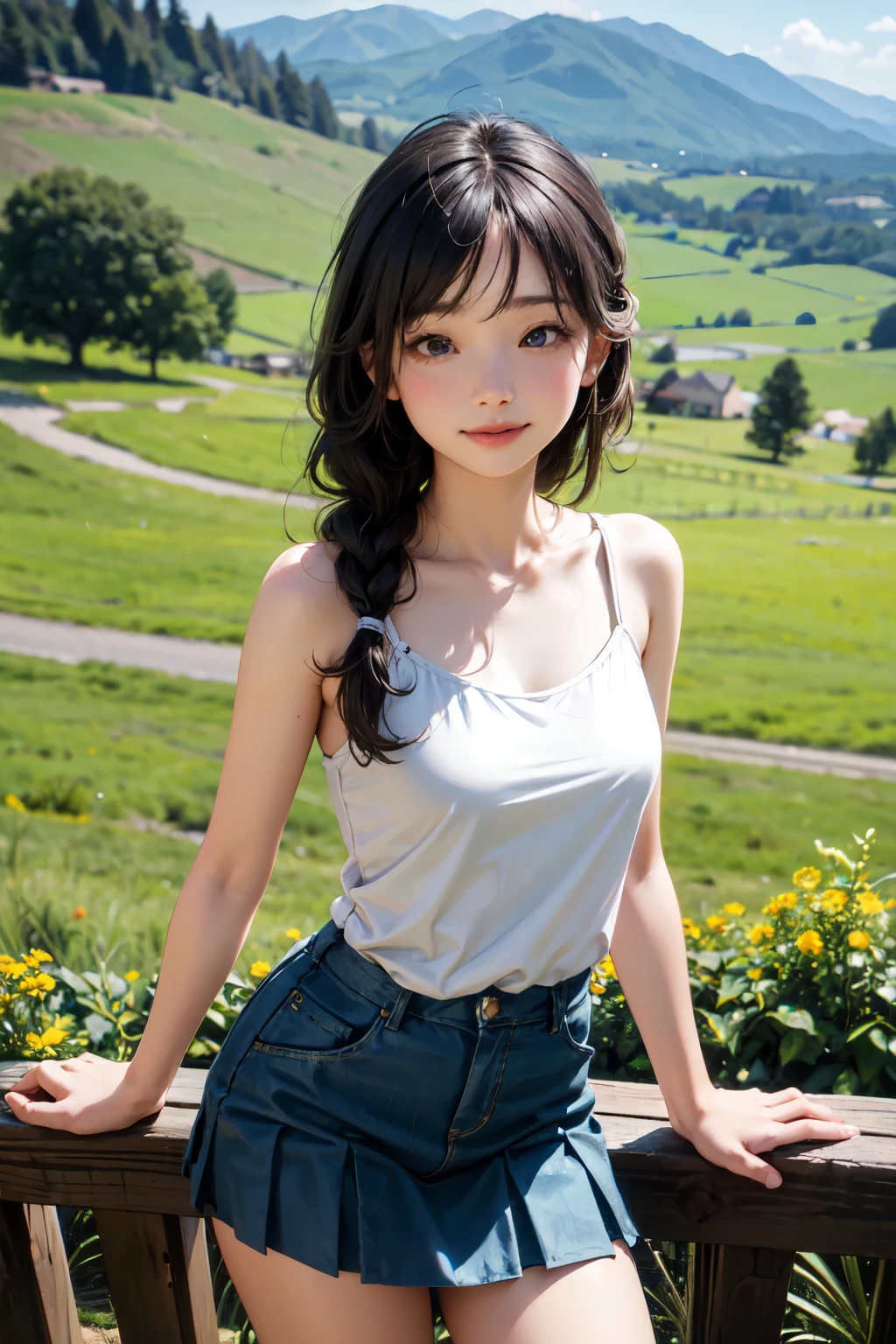 very cute and beautiful girl,(highly detailed beautiful face and eyes),white camisole,standing
 BREAK (smile:1.25),looking at viewer,(pleated blue mini skirt:1.15),detailed legs,
countryside,grassland,hilltop,tiny colorful flowers,wooden fence,detailed landscape,black hair,twin braid,
(best quality,masterpiece),absurdres,highres,ultra-detailed,extremely detailed,32k,8k resolution,
intricate details,cinematic scene,detailed background,solo,dynamic angle,beautiful detailed sky,