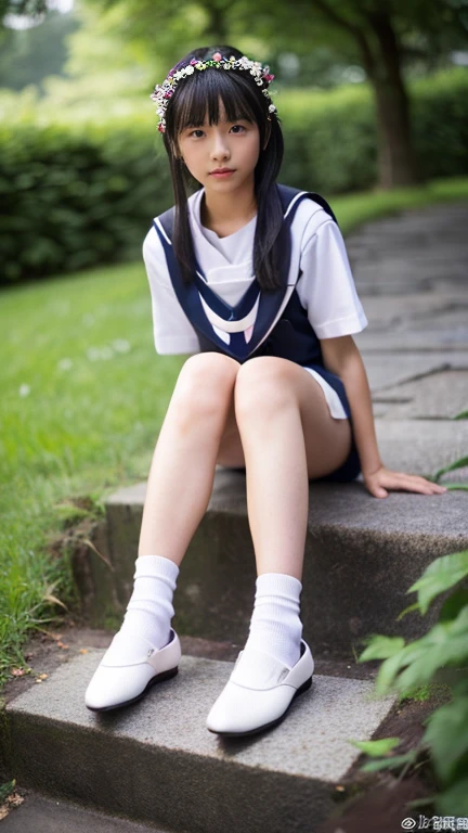 A woman dressed in white and blue is sitting on the ground, Looking to the side、Slightly forward bending position、White long gloves、White knee-high socks、Nude,Big thighs、