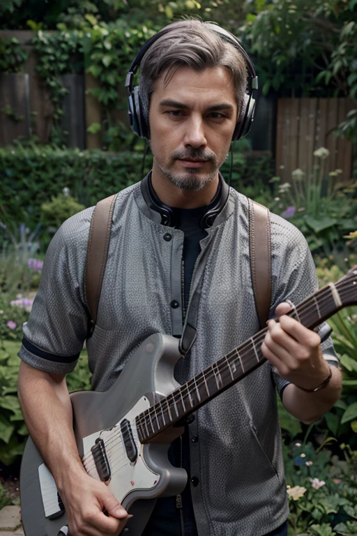 man plays eletric guitar in a garden, grey hair, short hair, behind-the-head headphones, facial hair, parted lips, excited, Futurism, depth of field, cinematic lighting, blending, rounded corners, panorama, UHD, anatomically correct, textured skin, high details, high quality