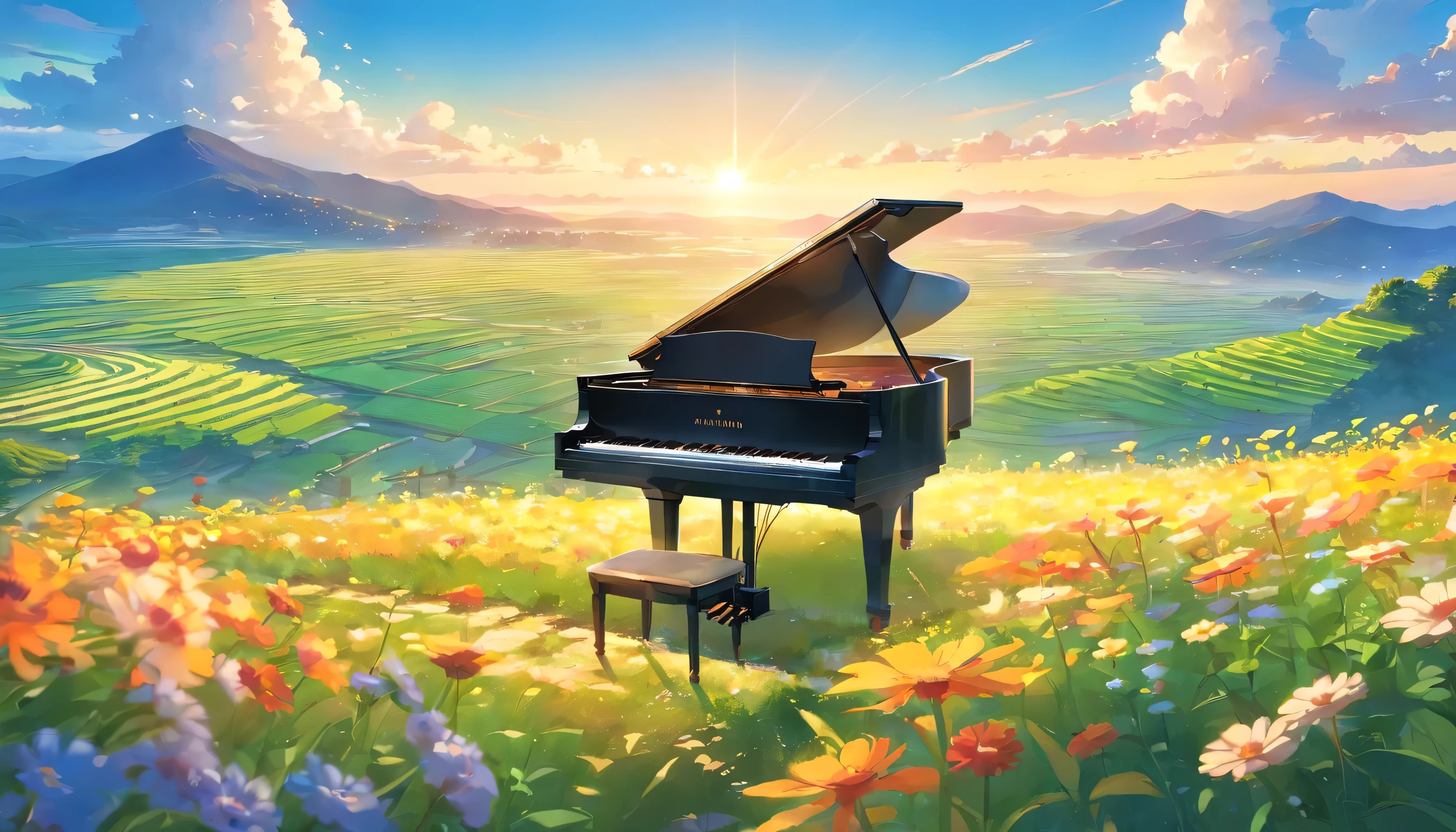 A grand piano in a flower field、The blue sky spreads across the sky、The terraced rice fields seen from the top of the mountain、Sunrise over the horizon