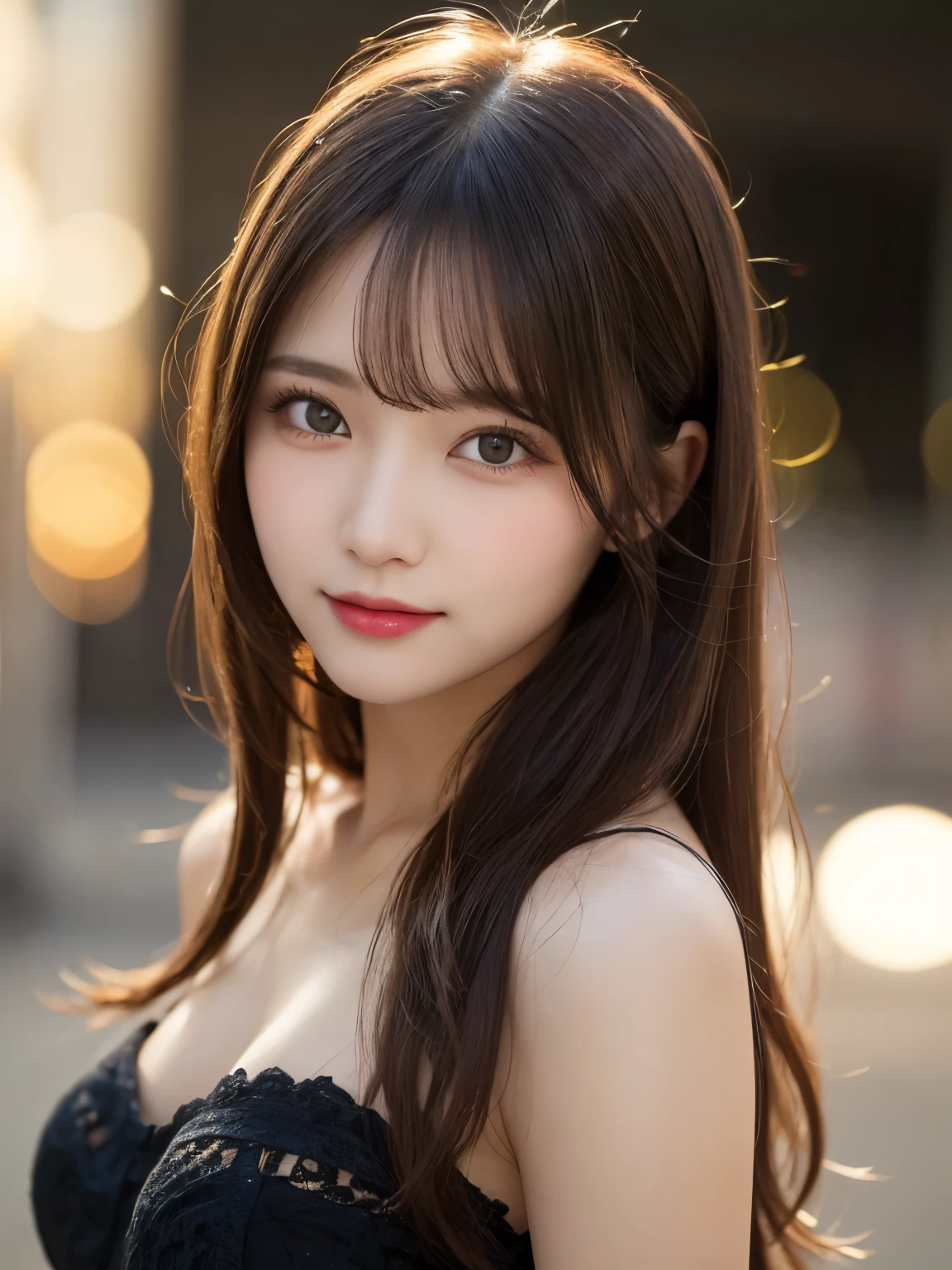 masterpiece、1 beautiful girl、Detailed eyes、Puffy eyes、Highest quality, 超High resolution, (Reality: 1.4), Cinema Lighting、Japanese、Asian Beauty、Super Beauty、Beautiful Skin、Slender、Body facing forward、(Surreal)、(High resolution)、(8k)、(Very detailed)、(Beautiful and detailed eyes)、(Ultra-detailed)、 (wall-)、Detailed face、Bright lighting、Professional Lighting、View your viewers、Look straight ahead、(The costume is a knit dress)、Long Hair, My hair is messy, Asymmetrical bangs, 、Night Scenery、Brown Hair、Japan is an idol、Korean Idol、Gravure idol pose、Age 18、expensive, smile、Large Breasts,
