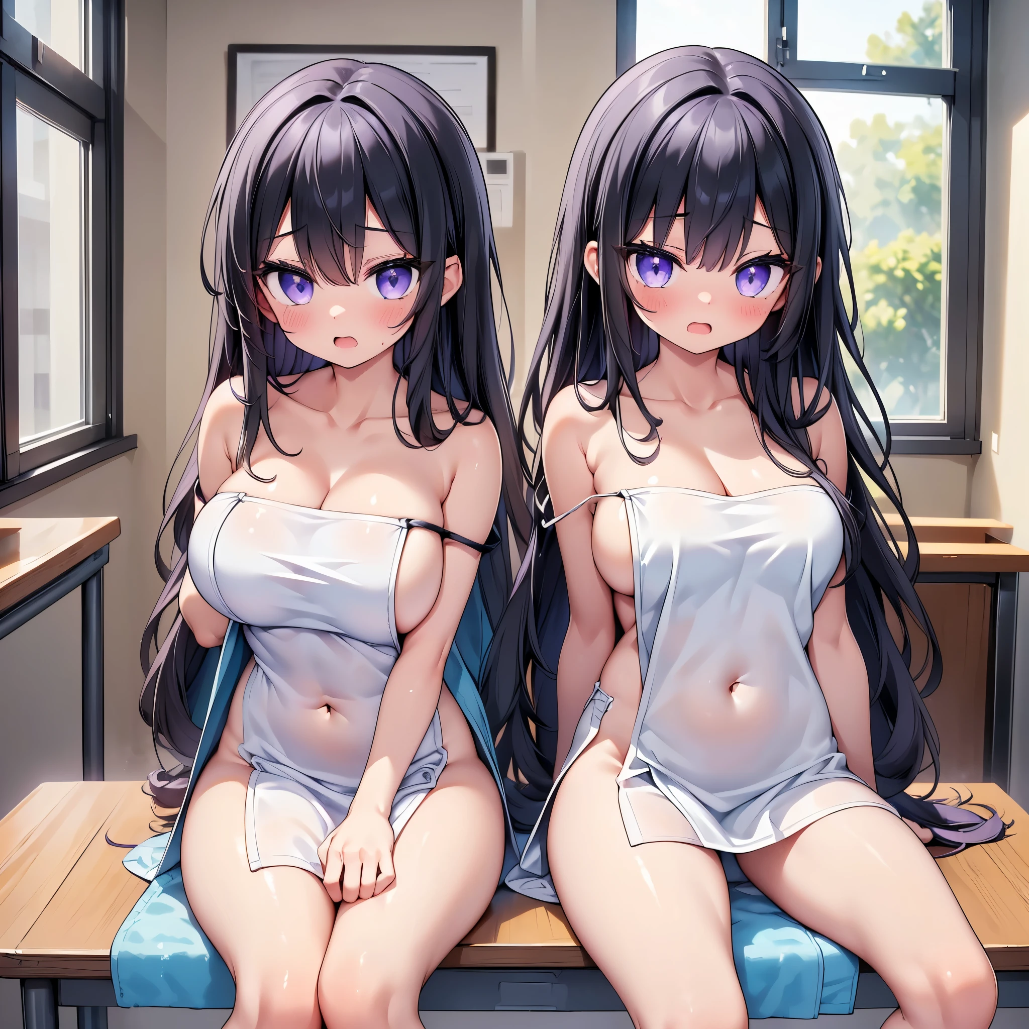 (cute eyes:1.2), (sparkling eyes:1.2), (8K、Best image quality、highest quality、masterpiece)、Detailed face、(2 girls)、Improve、(Black Hair, Purple Eyes, long hair)、(open mouth), (embarrassed), (skinny body:1.1),(huge breasts:1.2), (Naked Towel:1.3), (strap slip:1.4), (side slit:1.4), (sideboob:1.3),(crop top navel:1.1), Sit on a chair, Classroom Background, (Waistline:1.1)