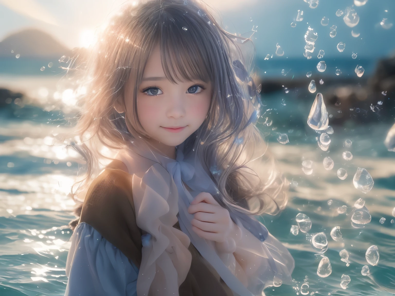 Cornflower Art、dream-like
( Girl with beautiful eyes。The depth of field in the photo is perfect、Lens flares add a nice accent。The fine details on her face really stand out.、、、、、、、、This photo is definitely a 10+。background、There was a beautiful sea with crystal clear water and floating water droplets..。A wonderful photo that perfectly captures the beauty of the girl and the water.. Esbian all over Standing posture smile looking at the camera backgroundがぼやけている Shooting from bottom up Orange sunset Coastal Beachside Put your hands behind your back smile