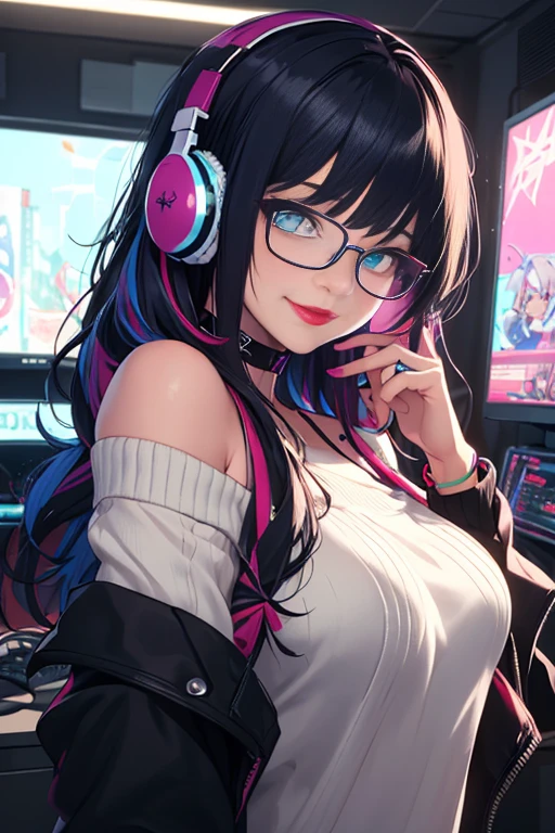 ((best quality)), ((masterpiece)), (detailed), perfect face, female, gamer girl, aqua eyes, cherry-red lips, light smile, long black hair, purple streaks, wearing headphones, bangs, ribbon, choker, bracelet, nerdy glasses, sleeves past fingers, black off-shoulder sweater, large breasts, gamer girl's bedroom, nighttime, neon lights, colorful lights