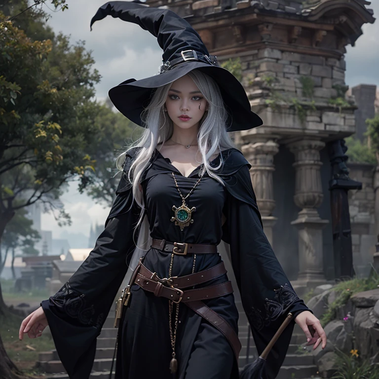 (number々Award-winning masterpiece, Incredible detail, Texture and maximum detail), (hyper Realistic:1.4), (Realistic:1.3), (Full body close-up:0.4), (Highest quality real texture skins), ((The medieval world)), Slanted Eyes, Detailed drawn eyes, Detailed painted face, (((witch's old black hat))), (Slim witch in white clothes), (Slim female wizard in white clothes), (Slim witch in black clothes), (Slim female wizard in black clothes), Kind eyes, ((Perfect and beautiful fingers)), ((Perfect and beautiful arms)), (She has a mischievous smile:1.4), Friendly and girlish face, (The devil dances overhead), Glass earrings in the ears, (Dramatic Photos:1.6), Glowing majestic thunderstorm cloud mass and sky, Halo Optical Phenomenon, Anti-Holy Light, Twilight, sunset, evening, (Dramatic Light), (A magnificent sight), (Her expression is calm, gentle and very beautiful、Somehow scary), (Nobility), (Blonde, Silver Hair, Chestnut Hair), ((Full body portrait)), ((look up)), ((Looking down)), (Full body standing:1.5), (On her neck、A simple necklace, sinister yet exquisitely crafted, is worn around it.), Altar of Purgatory, Old ruins overgrown with plants, The Great Temple of the Devil, Cathedral, The Great Temple of the Devil, Temple ruins, Detached temple, magic circle, Ancient castle ruins, ruins, Crumbling Ruins, Ancient ruins with clear water, Wavelets, water flowing,