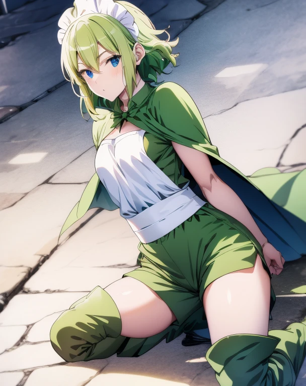 highest quality, Tabletop, 超A high resolution, Ryu Lion, Green shorts, Green Boots, White shirt, Green Cape,anime maid