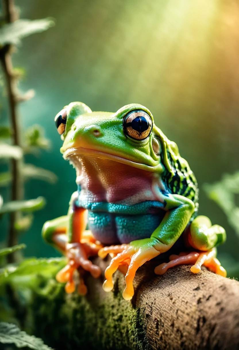 film photography style, best quality,ultra-detailed,HDR,animal photography, Realistic Kermit frog gorgeous treefrog 🐸 cute. Beautiful, by N. C. Winters, Gustav Doré, Amanda sage, Tom bagshaw, Matt hubel, Anne stokes, professional photography, Vladimir manyukhin, Dan mumford Holographic moody, imposing, arcane, ethereal: magnificent: cinematic: masterpiece: divine: amazing depth of field, rainbow gradient background, light grain