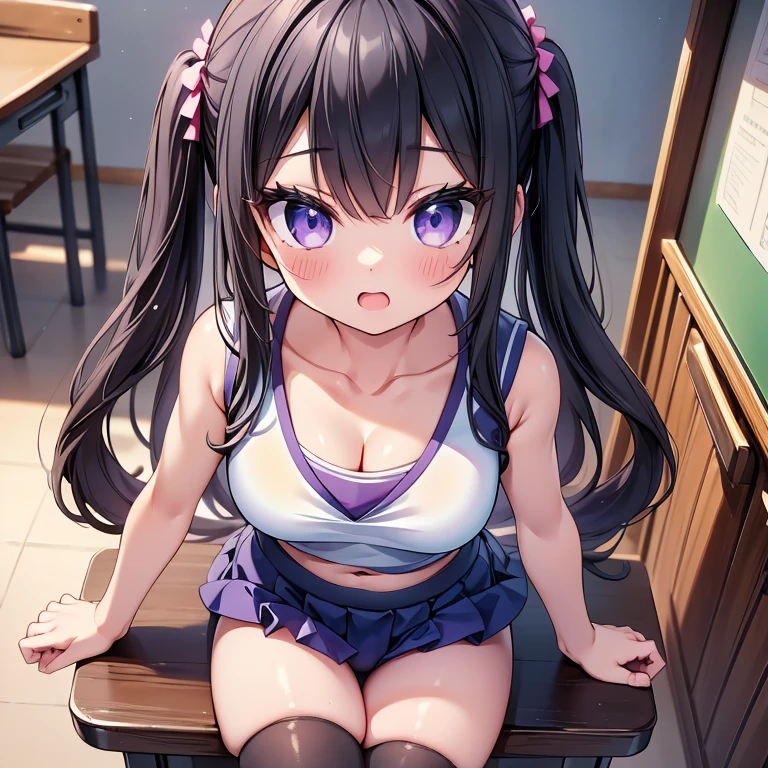 (Cute eyes:1.2), (Sparkling eyes:1.2), (8k、Best image quality、highest quality、masterpiece)、Detailed face、(2 girls)、Improve、(Black Hair, Purple eyes, Long Hair)、(Open your mouth), (Embarrassing), (Skinny body:1.3),(Small breasts), (((Bloomers), Sleeveless volleyball uniform)), (Cleavage), (Crop Top Belly Button), Sit on a chair, Classroom Background, (Black Stockings:1.1), (Thighs:1.1), (Waistline:1.1),(Close-up shot of the bust), (From above:1.2)