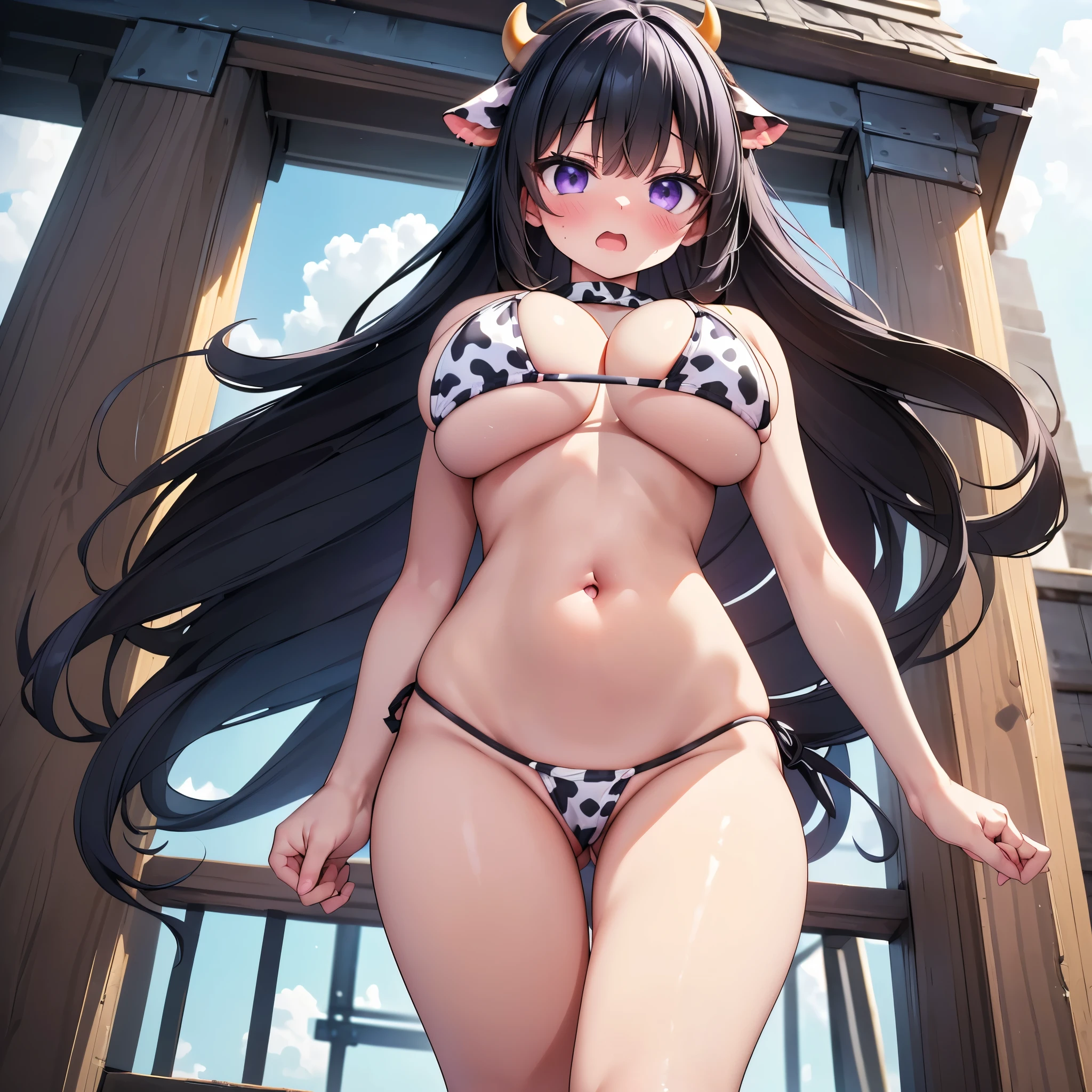 (8K、Best image quality、highest quality、masterpiece)、Detailed face、(girls)、Improve、(Black Hair, Purple Eyes, long hair)、(open mouth), (embarrassed), (skinny body:1.3),(huge breasts:1.2),(cow print, micro bikini:1.4), (Waistline:1.1), (from below:1.7)