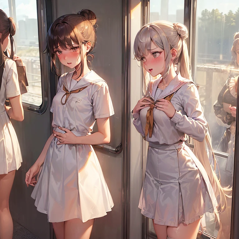 masterpiece, 最high quality, high quality, Super detailed, Very detailed, Ultra-high resolution, Best aesthetics, 8k),
(Beautifully detailed five-fingered: 1.2),
(Highly detailed face),

((Two Girls: 1.5)), (Lesbian),
(Standing in the train: 1.3),
(Deep Kiss: 1.3),
(1 girl and 1 girl, Grab your chest, Grab from behind: 1.4),

from the front: 1.2,

break,
((I&#39;m 11 years old)), (Two legs),
Lips parted, (nose blush), Pink Crack, ((Drunk)),
Sweat, blush, Open your mouth, ((barefoot)),
(Half closed eyes: 0.6), (tears: 0.8),
((To do, smoldering)), (Heavy breathing),
(Flat Chest: 1.4),
((Hair Bun: 1.2)),

break,
((school uniform, White long dress): 1.3),
(Cute, see-through frilly panties),
(White school knee-high socks),
(Camel Toe),

((avert your eyes)), (Cowboy Shot: 1.5),
Outdoor, afternoon,
((in the train)), (cloudy),