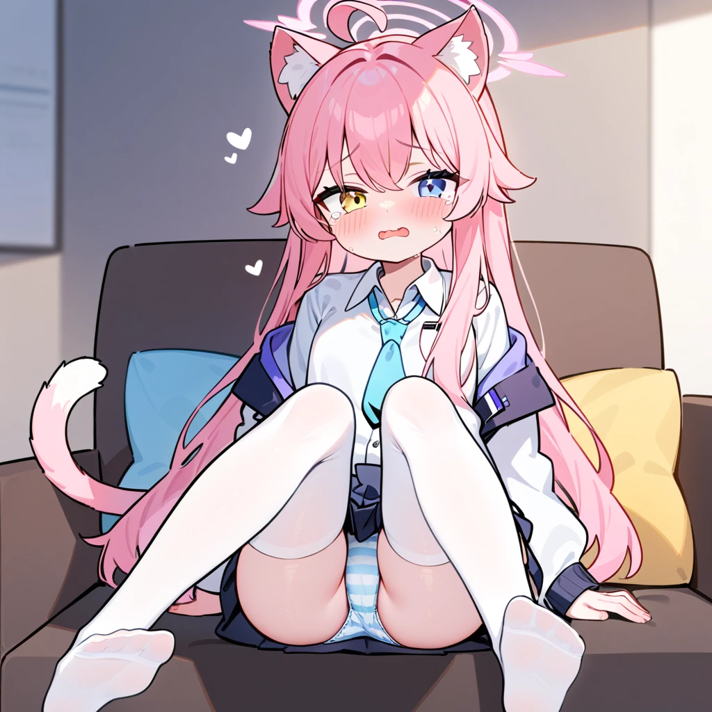 (masterpiece:1.2,high quality),8K,High resolution,A thirteen-year-old girl,cute girl,Takanashi Hoshino(Blue Archive),cat ears,pink hair,long hair,(yellow and light blue eyes),heterochromia, heart ahoge,halo,laughingfang out,tears,Sitting on the sofa,White shirt,Blue tie,Short skirt,Blue and white striped panties ,white stockings:1.6,primary school student,thigh,alone,cat tail