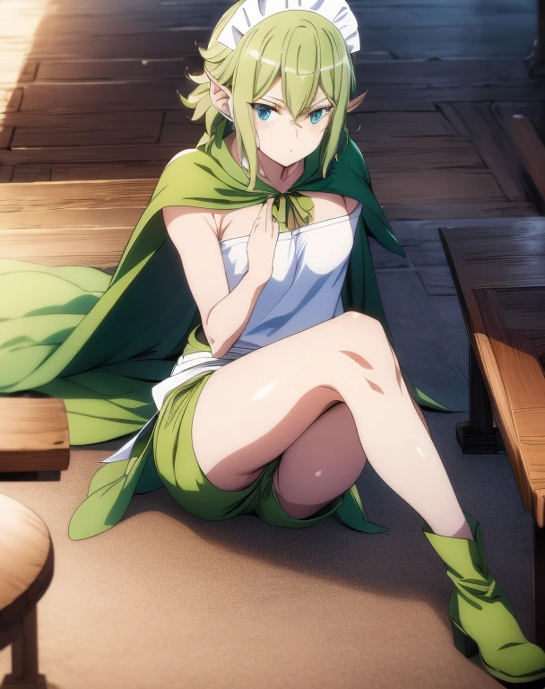 highest quality, Tabletop, 超A high resolution, Ryu Lion, Green shorts, Green Boots, White shirt, Green Cape,anime maid