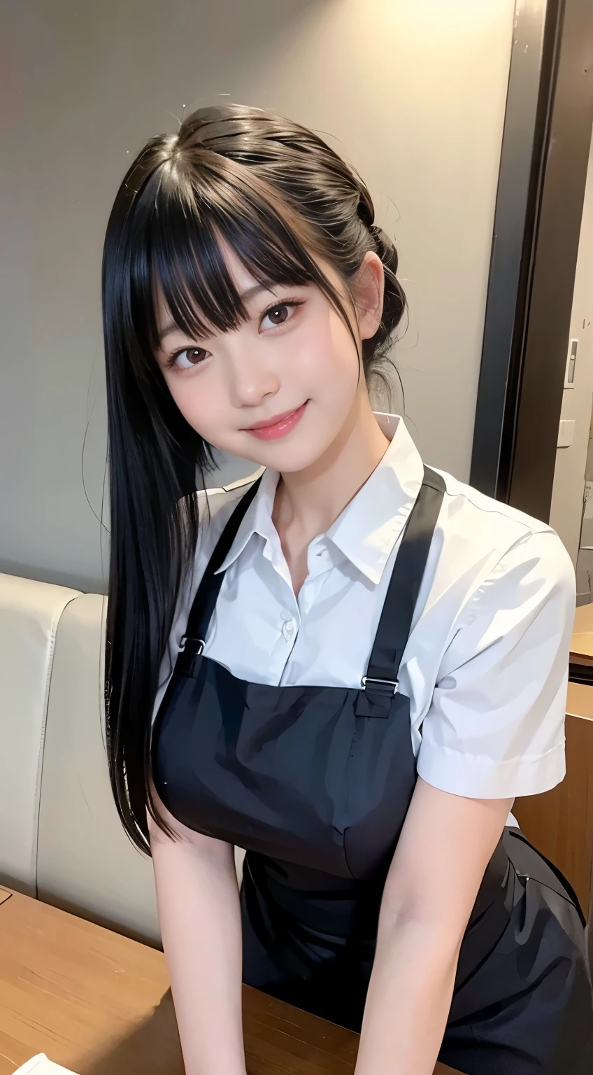 (highest quality,masterpiece:1.3,Ultra-high resolution,)、restaurant,Waitress Uniform、1 girl、Japanese、18-year-old、cute、Black-haired,ponytail、Super big 、Big 、Huge breasts、smile,Turn your body forward,(Front view:1.1),Looking at the camera,Cowboy Shot,