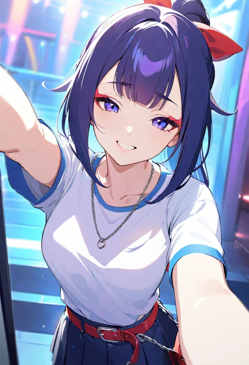 (shylily/(Twich/):1.5),(masterpiece:1.2),(best quality:1.2),At the carnival, Looking at the camera with a seductive smile, Dance, confident, Nightclub, Neon,((Bangs, Ponytail, red tubes on her Bangs, Red belt:1.3)), Electronic Girls Clothing:1.7, (((Eyeliner, Necklace, t-shirt, chain, Pleated Skirt, Belt chain:1.3))), , Selfie