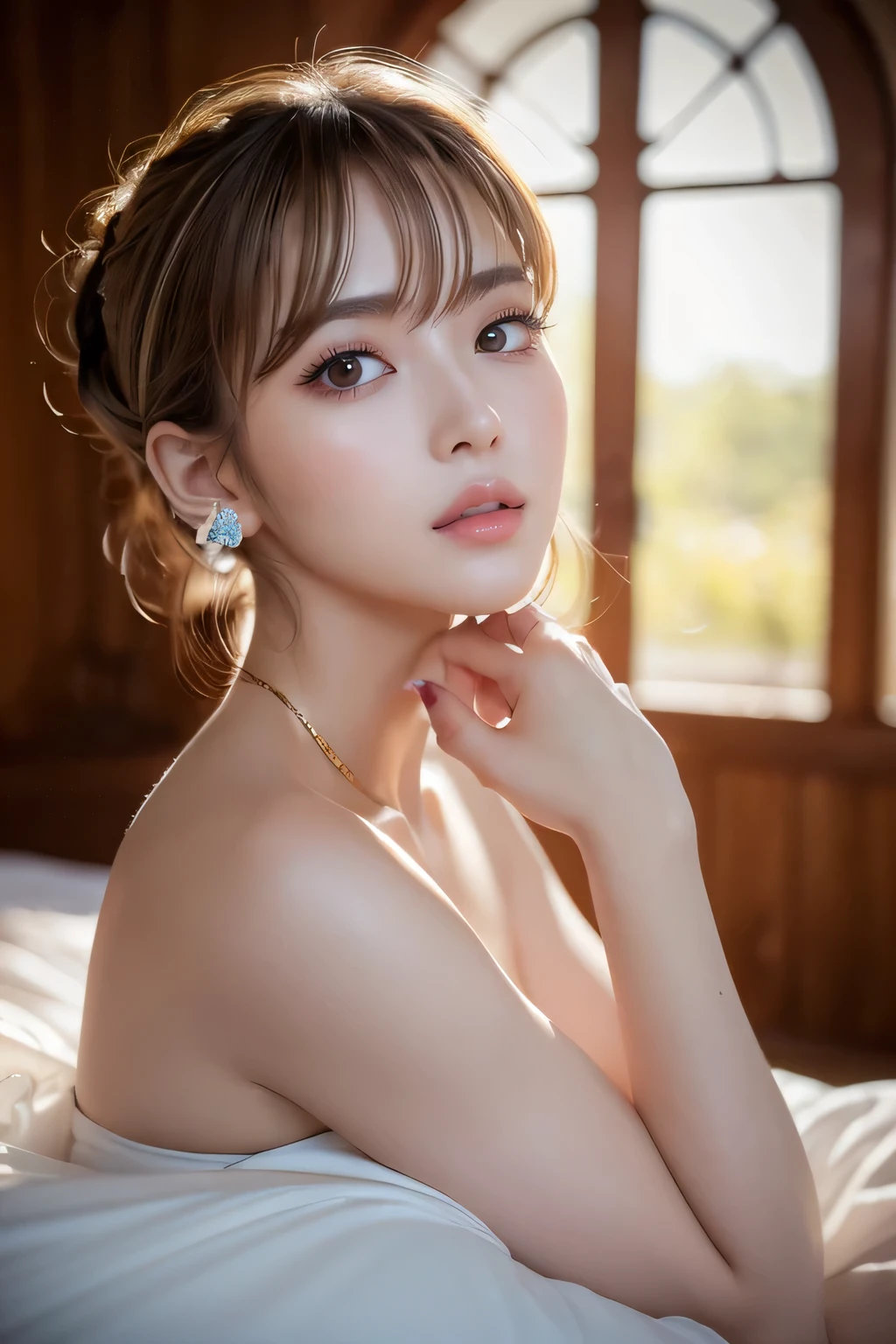 Very detailed、masterpiece、highest quality、Ultra-high resolution energy A、8K High Resolution、Transparency that looks great in photos、Detailed eyes、Gradation、Perfect anatomical figure , Nikon Z9 80mm Lens, Beautiful posture、yes、Browsing Caution、Thin eyebrows、Detailed eyes、Detailed nose、Mouth Details、Fine ears、Golden ratio face、(Waiting for a kiss)、(Curvaceous)、(Ideal ratio)、High definition eyes and feet、Long neck、eyelash、(((Natural soft light、Eye highlights)))、(Realistic:1.4), Shadow、(Best image quality:1.0), (超A high resolution:1.0), 8k, RAW Photos, (masterpiece:0.2), Curvaceous、(Seductive pose:1.5)、When the light hits your face, that'that'that'that'that'It's getting brighter、Geometric background:1.3、dark、avert your eyes、break (Loose, Sheer white camisole:1.4)、highest quality、Very detailed、High quality details、(Big Breasts:1.8)、break (plump lower lip:1.4)、break (Pink Lips:1.5)、(Black Hair、Blunt bangs, Long Hair, , The forehead is hidden by the bangs:1.4)、