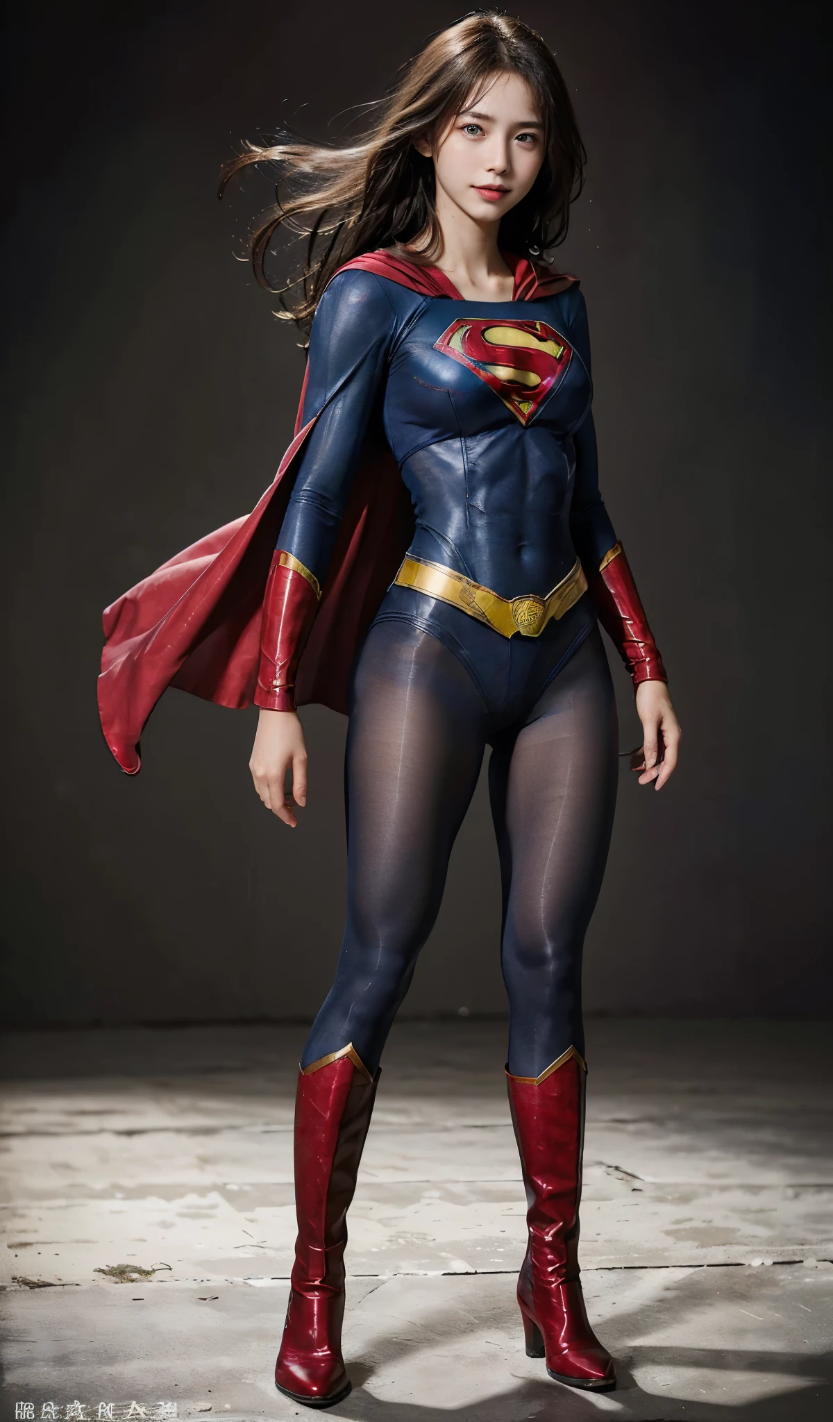 No background、(((Beautiful legs in black tights.)))、(((Legally express the beauty of your smile)))、((((Make the most of your original images)))、(((Supergirl Costume)))、(((Beautiful Hair)))、(((suffering)))、(((Please wear black tights....、Wear red boots)))、((Best image quality、8k))、((highest quality、8k、masterpiece:1.3))、(((Preserve background )))、Sharp focus:1.2、Beautiful woman with perfect figure:1.4、Slim Abs:1.2、Wet body:1.5、Highly detailed face and skin texture、8k