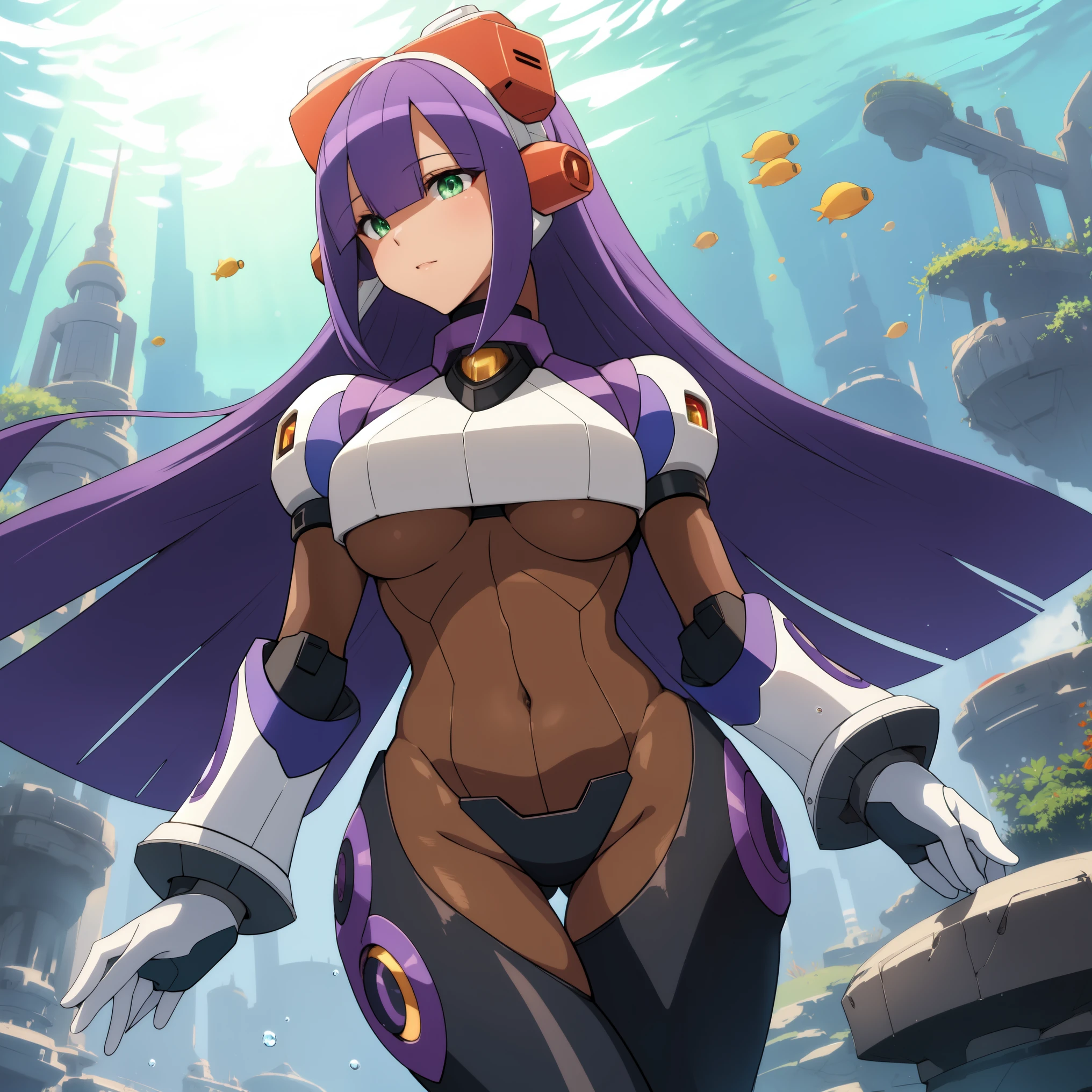 layer_megamanx, 1girl, solo, long hair, purple hair, green eyes, blunt bangs, hair over eyes, large breasts, dark skin, dark-skinned female, android, underboob, robot ears, high quality, masterpiece, standing in an underwater city with lots of bubbles, in the style of yuumei, intricate architectures, indigo, miniature illumination, daniel f. gerhartz