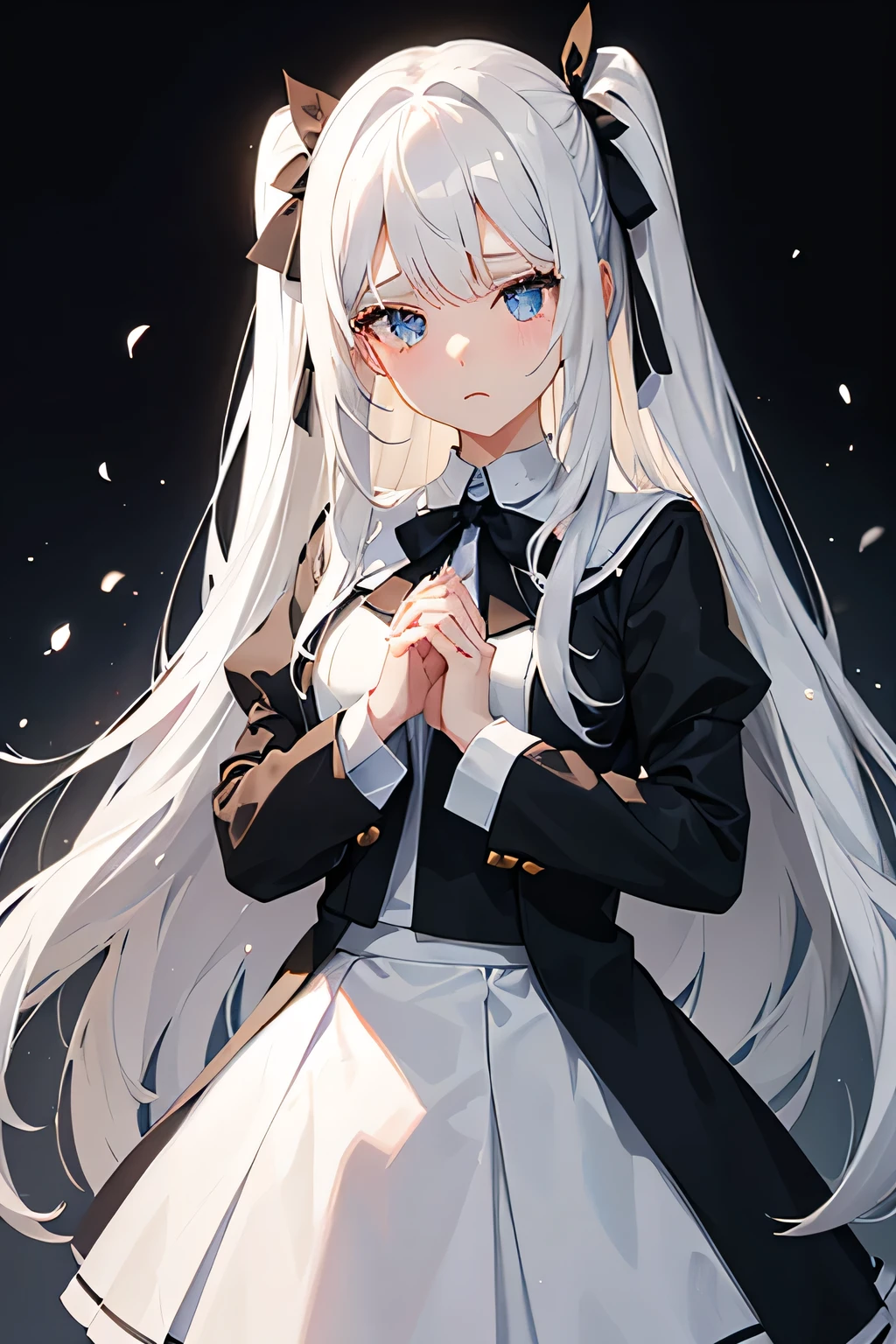 At school, front view of a white haired girl with long hair with a black ribbon wearing a white shirt and blue skirt with brown coat her mouth open and expressing a sad apologetic face and teary eyes with hands held together near face