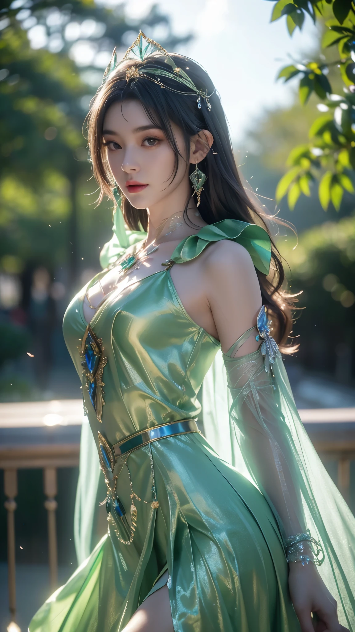 8K, UHD, MAsterpiece, best quality, 1 girl, ((realistic face)), happy pace, very long hair, small breasts, decorated dress, very beautiful ornaments dress, shining green color, ((lace)), mesh dress, mesh cape flowing, sardine, loops, ((ornaments)), legendary night balcony, depth of field, cinematic lighting, chromatic aberration, motion blur, glowing light, god rays, ray tracing, ((reflection light)), backlighting, bloom, chromatic aberration abuse, multiple monochrome,