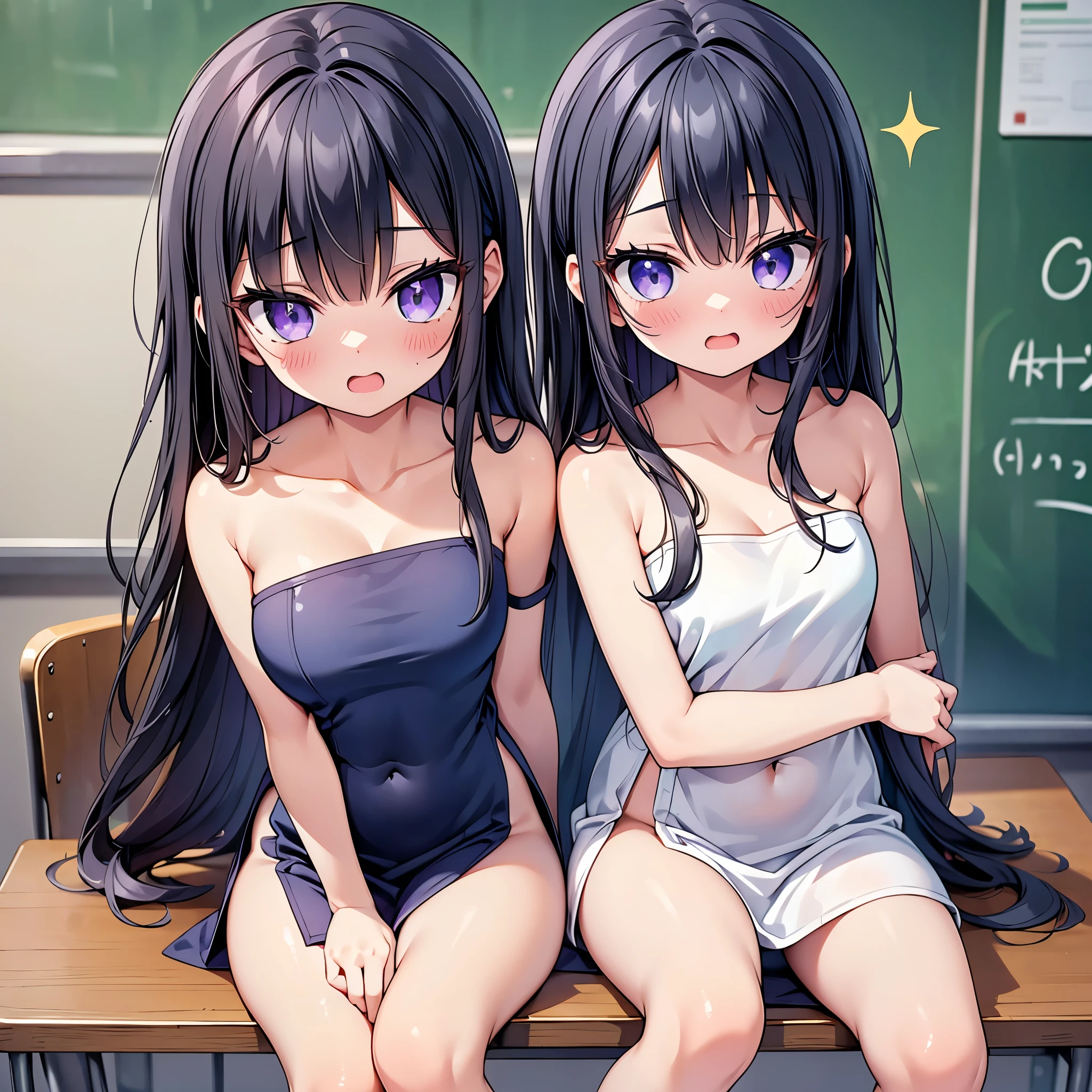 (cute eyes:1.2), (sparkling eyes:1.2), (8K、Best image quality、highest quality、masterpiece)、Detailed face、(2 girls)、Improve、(Black Hair, Purple Eyes, long hair)、(open mouth), (embarrassed), (skinny body:1.1),(midium breasts), (Naked Towel:1.3), (strap slip:1.3), (side slit:1.4), (side boob:1.1),(crop top navel:1.1), Sit on a chair, Classroom Background, (Waistline:1.1)
