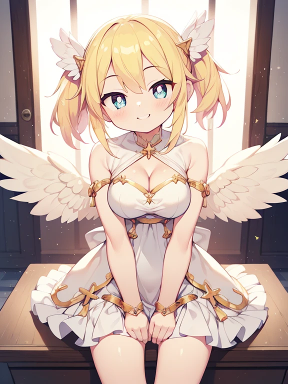 (Angel Girl:1.2), (1 person:1.2),( girl)、Young girl、Big Breasts、 Hmph、Shaders、Highly detailed eyes、Big Breasts、loose fluffy short hair、Side bust、Shiny cleavage、blonde、Angel Wings、Silky Hair、Angel clothing(White thin fabric、Plain、mini skirt、Plainのシルク手袋)、Very complex pupils、highest quality、Bright colors、Bust 100、rests、Game portrait、Stir the composition、Composition looking up from below、Lift your with your hands、Poses that accentuate the chest、Cross your arms、Grinning expression、eyes half closed、Open your mouth、Stink Eye、Evil Face、A strong smile、Clasp your hands behind your back、Hide your hands、Wicked Smile、whole body、美新new、god々new