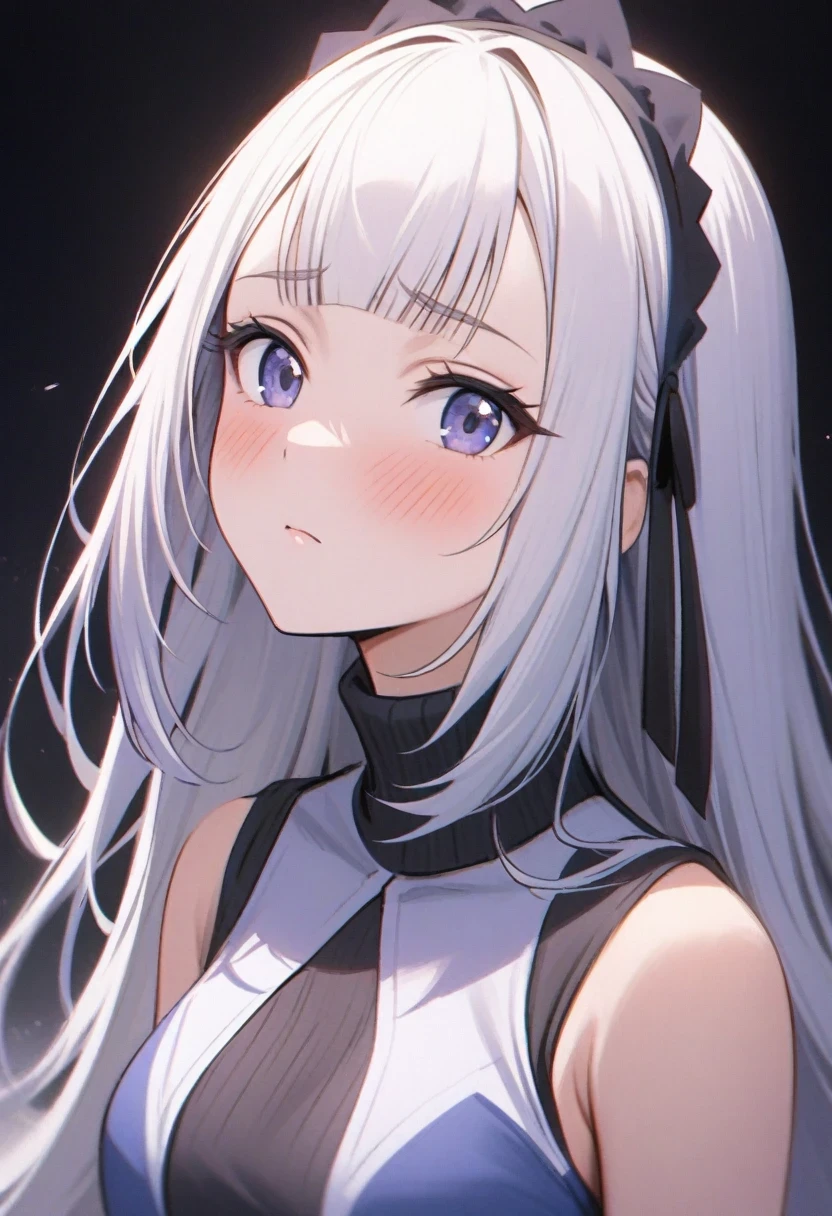 (shylily/(Twich/):1.5),(masterpiece:1.2),(best quality:1.2),long_hair, Bangs,, Very_long_hair, White_Headdress, superior_Body, demon_trumpet, 1 Girl, only_Shoulder, Black_Ribbon, Watching_exist_Viewer, Ribbon, sweexister, hair_Ribbon, simple_background, White_background, Rib_sweexister, Sleeveless, turtleneck sweater, White_sweexister, portrait, blush, close_Mouth
