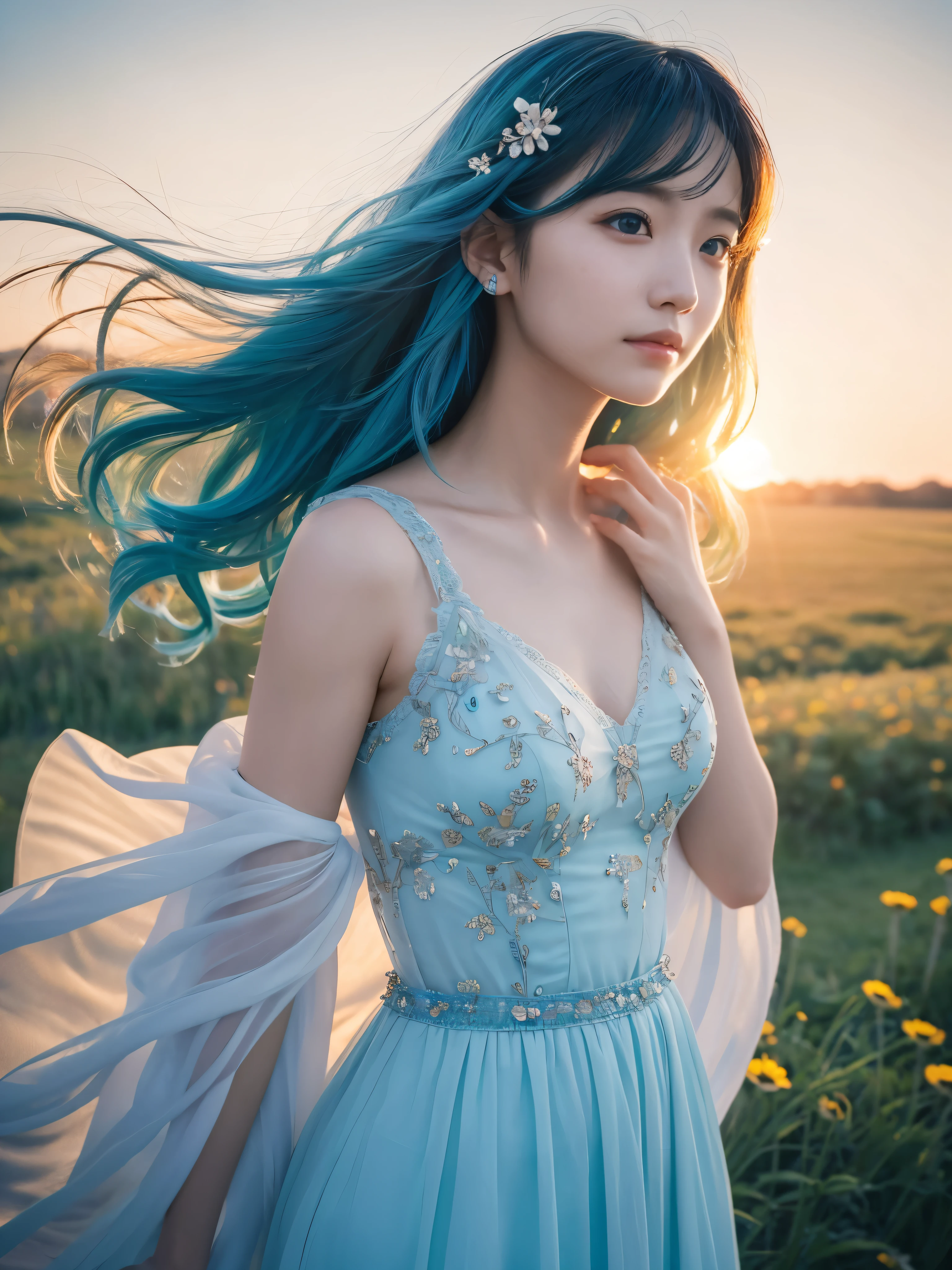{{masterpiece}}, {{highest quality}}, {{Very detailed}}, {{figure}}, cinematic Lighting,Beautiful and delicate shine, Dynamic Angle, Depth of written border, Light_leak, wonderful, Fine details, 4K, 8k, Japanese Idols, Blue Hair, Elegant Model, Blue sky, Flower Field, Green pastures, Calm expression, Sparkling warm colors, Natural Attraction, blue bura, Curly Hair,