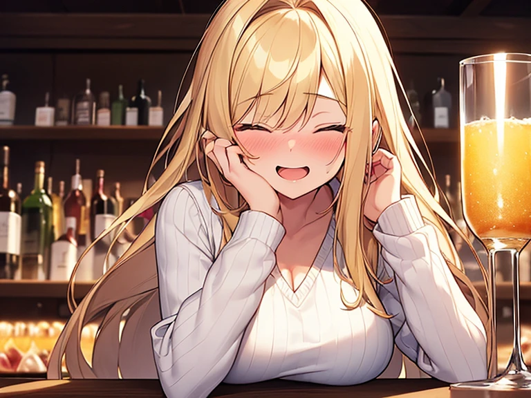 Masterpiece, Top quality, (1 beautiful girl :1.2), Blonde, straight hair, 24 year old, medium breasts, standard weight, V-neck sweater, laugh with open mouth, nose blush, drunk, hands up, elbows on table, face palm, closed eyes, beautiful scene of bar, blurry background, magnificent panorama view, glass with alcohol, close up, from front