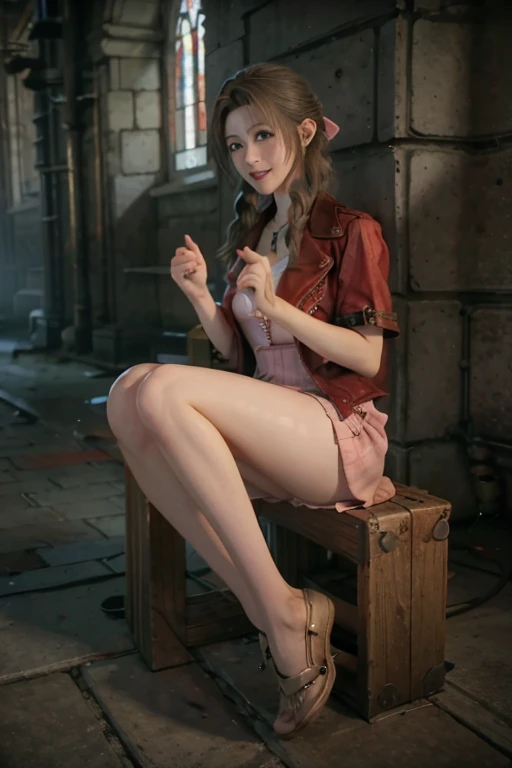 Realistic, realism, photorealism,Live-action adaptation写真画像, High Contrast, (), (8k high definition detailed Realistic), (highest quality, masterpiece:1.2), Live-action adaptation, Photon Mapping, Radio City, Physically Based Rendering, highest quality, Very detailed,One Girl, did, Green Eyes,(church), (Red jacket), (Pink short dress), Cowboy Shot, Sensual, Full body image, , Full Body Shot,A smile showing white teeth,