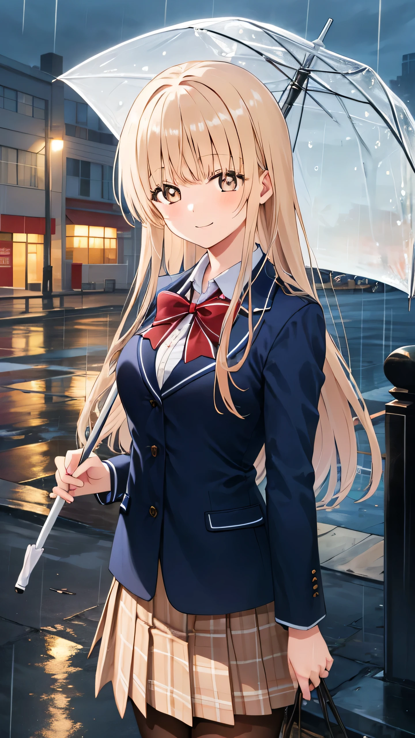 {{{masterpiece}}}, {{{best quality}}}, {{ultra-detailed}}, {illustration}, {{an extremely delicate and beautiful}}, 8k, nsfw, Shiina Mahiru(The Angel Next Door Spoils Me Rotten), aamahiru, long hair, Blonde Hair, Brown eyed(High resolution eyes, Beautiful eyes、Light in the eyes), flushed cheeks, Slender, medium breasts, red bowtie, blue jacket, blazer, long sleeves, white shirt,  pleated skirt, plaid skirt, brown skirt, pantyhose, zettai ryouiki, BREAK, Rainy day, girl holding an umbrella, vinyl umbrella, cute face, smiling, looking at viewer, outdoor, rain, rain clouds, public park