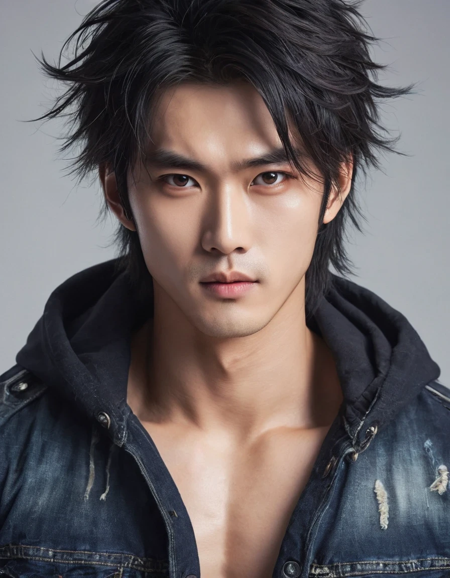 （Male character design），（Close-up of the cold and  Chinese handsome man Pan An），（Close-up above the waist），（Very long and messy hair：1.3），（Big bright eyes，Double eyelids），Sad Prince，Toning muscles，jeans，Detailed abdominal muscles，Chinese beauty，Sexy big mouth，delicate and pretty、I would rather be gentle and melancholy，（Pan An wearing modern men&#39;s clothing&#39;Fashion. Pan An is tall and tall.，He has a well-proportioned and strong physique，Pan An&#39;s skin was fair and flawless，His delicate facial features，Clear and bright eyes，His nose bridge is very high，Show your kingly style，Noble temperament，