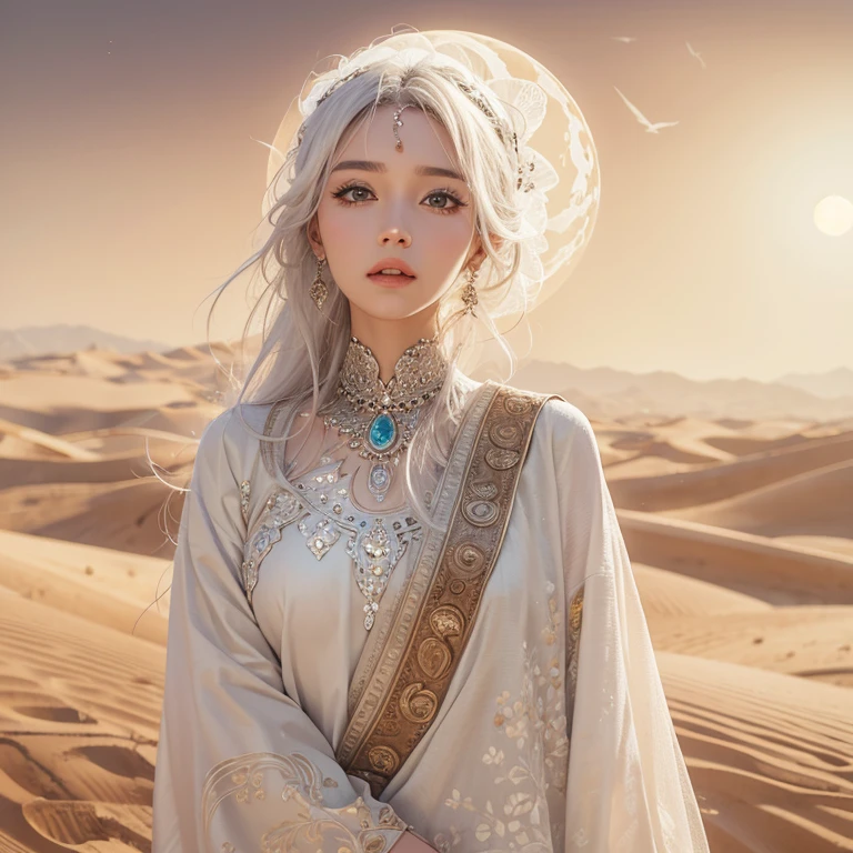 (highest quality、masterpiece、8k、Best image quality、Ultra-high resolution、Award-winning works)、A beautiful white-haired woman watches us from afar in the desert, Where light shines from the moon.、Ancient Islamic clothing、Beautiful face drawn in every detail