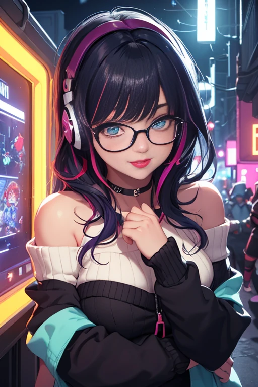 ((best quality)), ((masterpiece)), (detailed), perfect face, female, gamer girl, aqua eyes, cherry-red lips, light smile, long black hair, purple streaks, wearing headphones, bangs, ribbon, choker, bracelet, nerdy glasses, sleeves past fingers, black off-shoulder sweater, large breasts, gamer girl's bedroom, nighttime, neon lights, colorful lights
