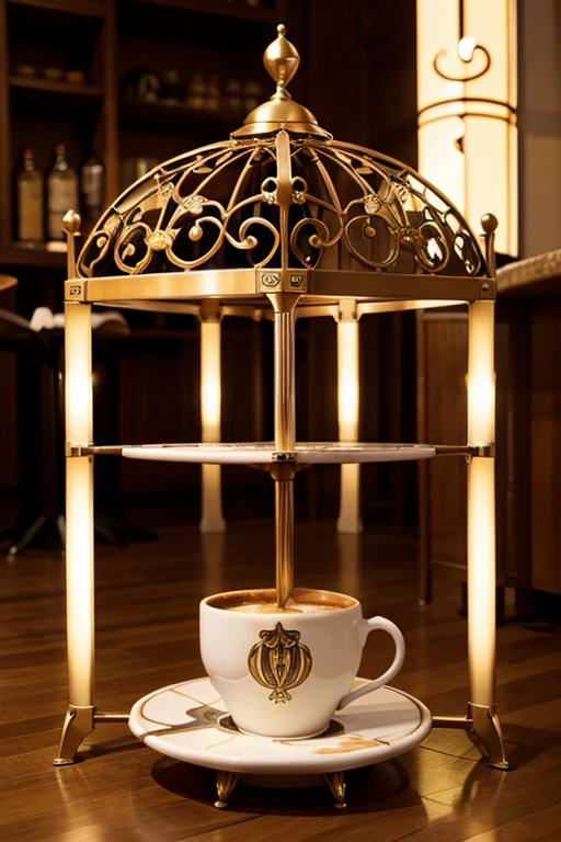 estructura de un cafe con tematica del movimiento art nouveau con tendencia francesa y gatos