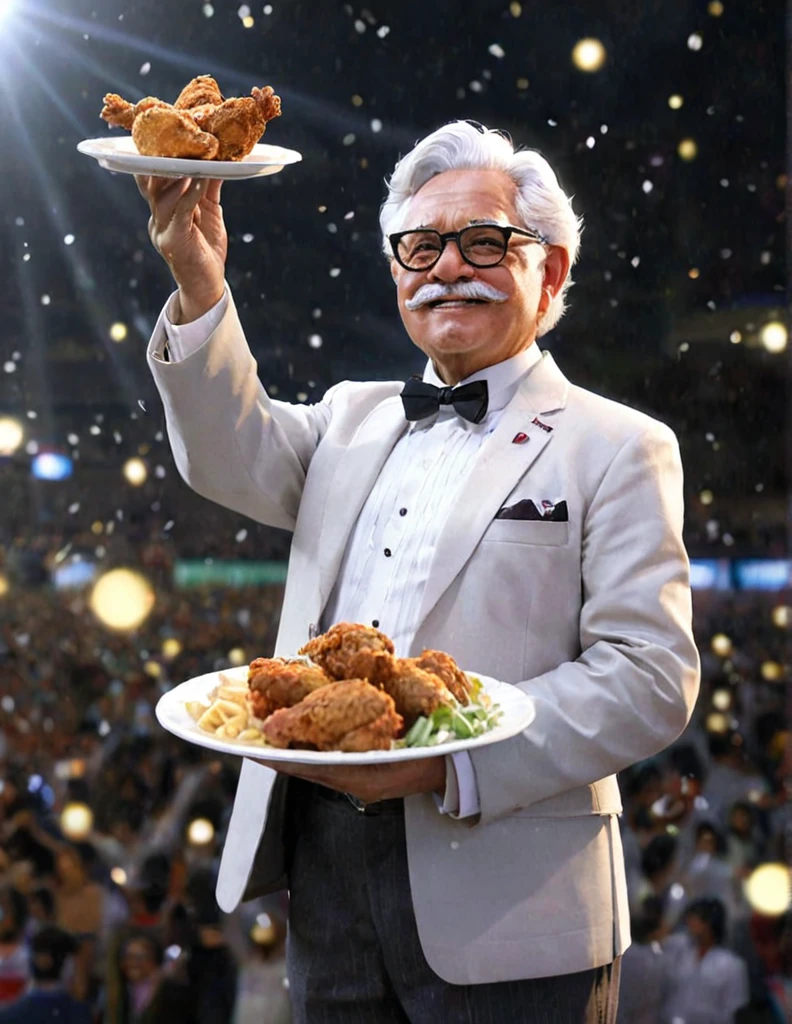 highest quality、masterpiece、indian colonel sanders, Hold it up to the sky、holding a plate of fried chicken,Anime illustration style,god々New light effects