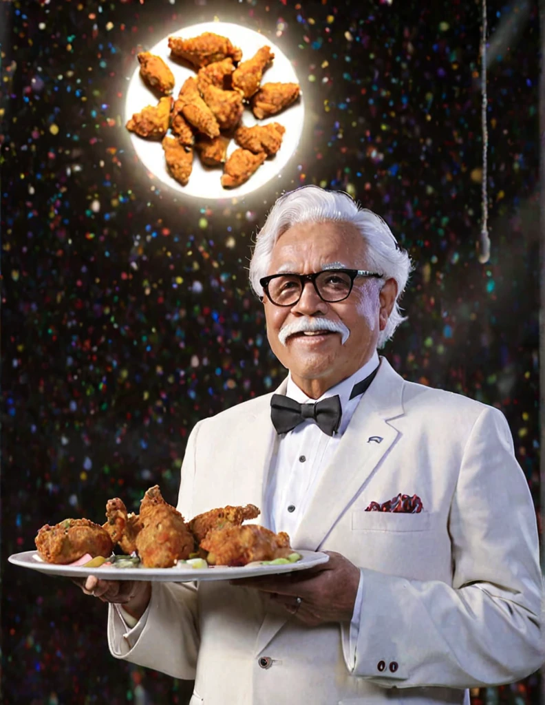highest quality、masterpiece、indian  colonel sanders, Hold it up to the sky、holding a plate of fried chicken,Anime illustration style,god々New light effects